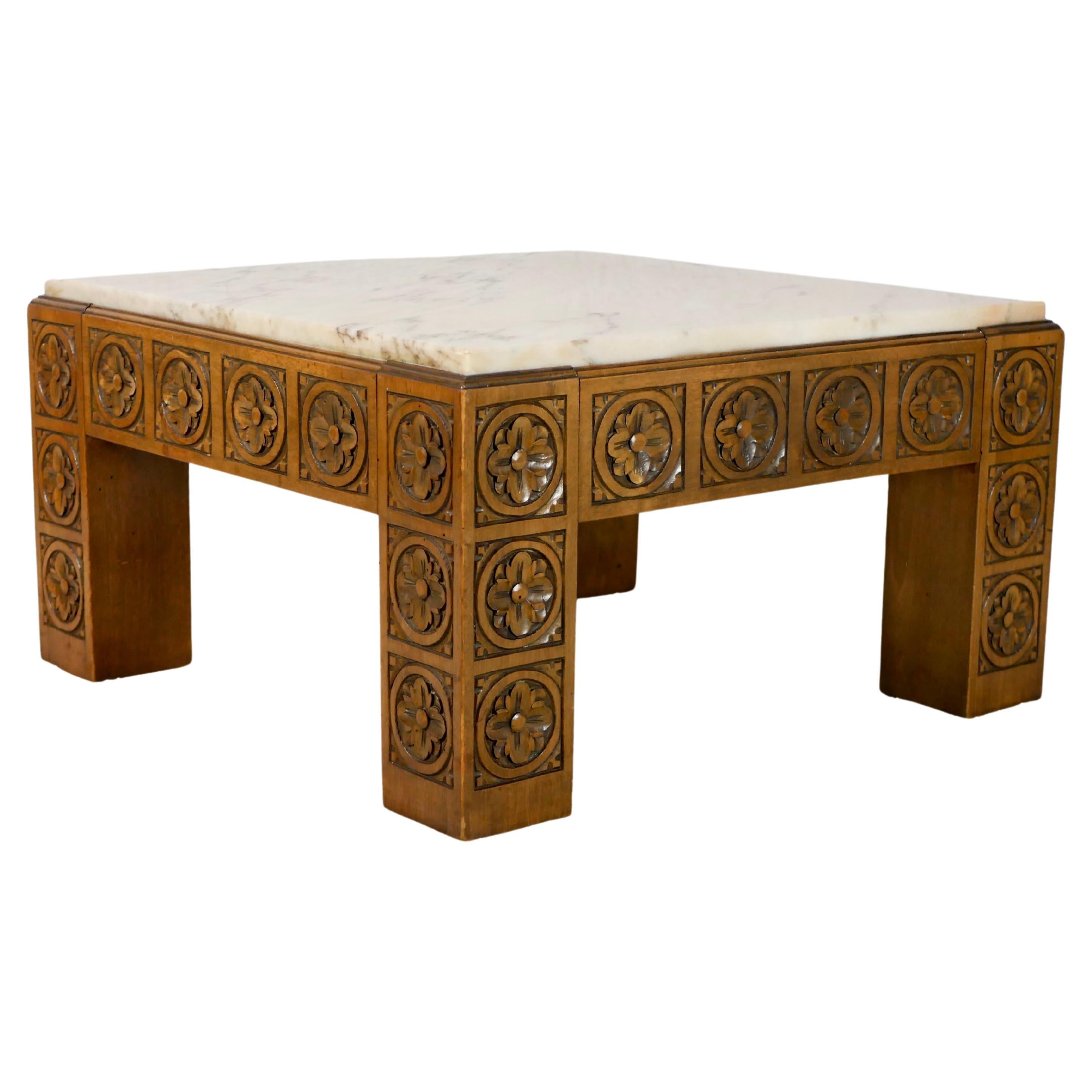 Midcentury Square Carved Wood and Marble Coffee Table from Spain