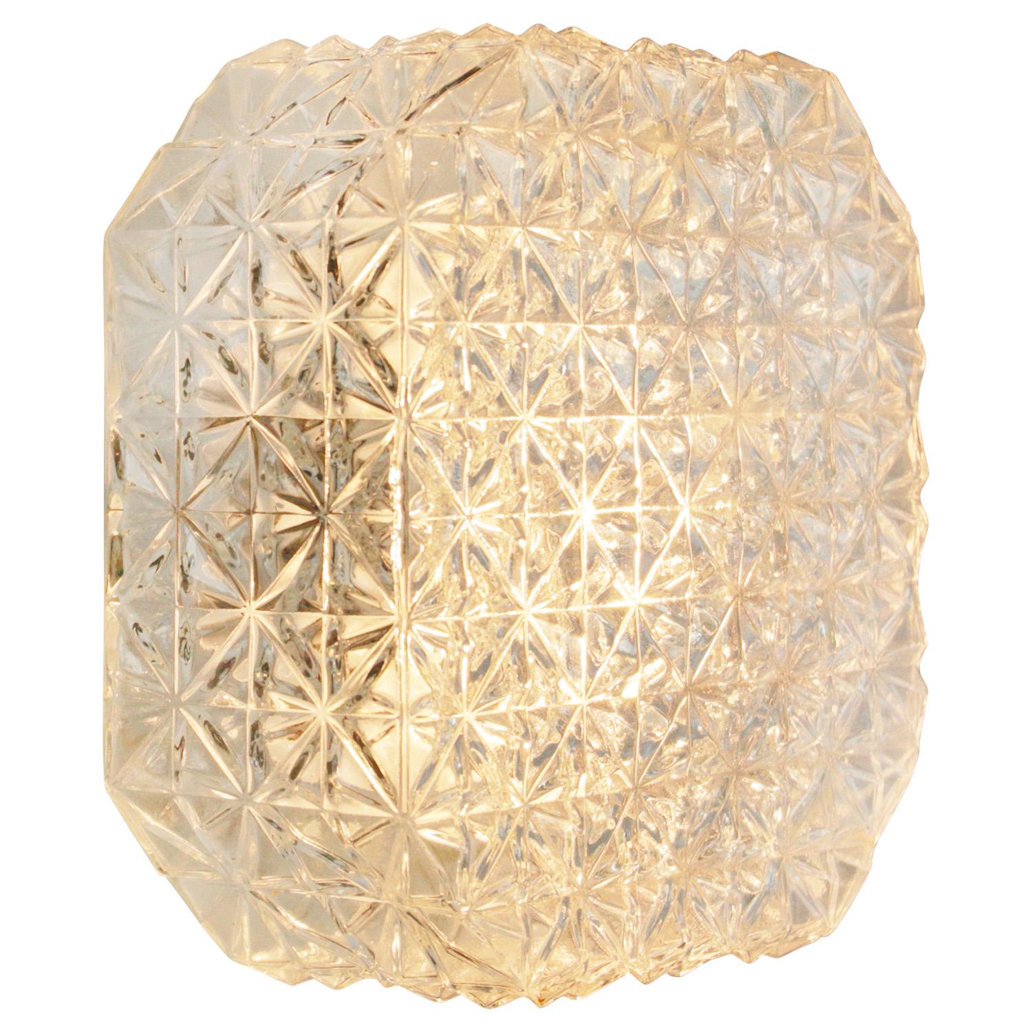 German Mid-Century Square Clear Glass Flush Mount Sconce For Sale