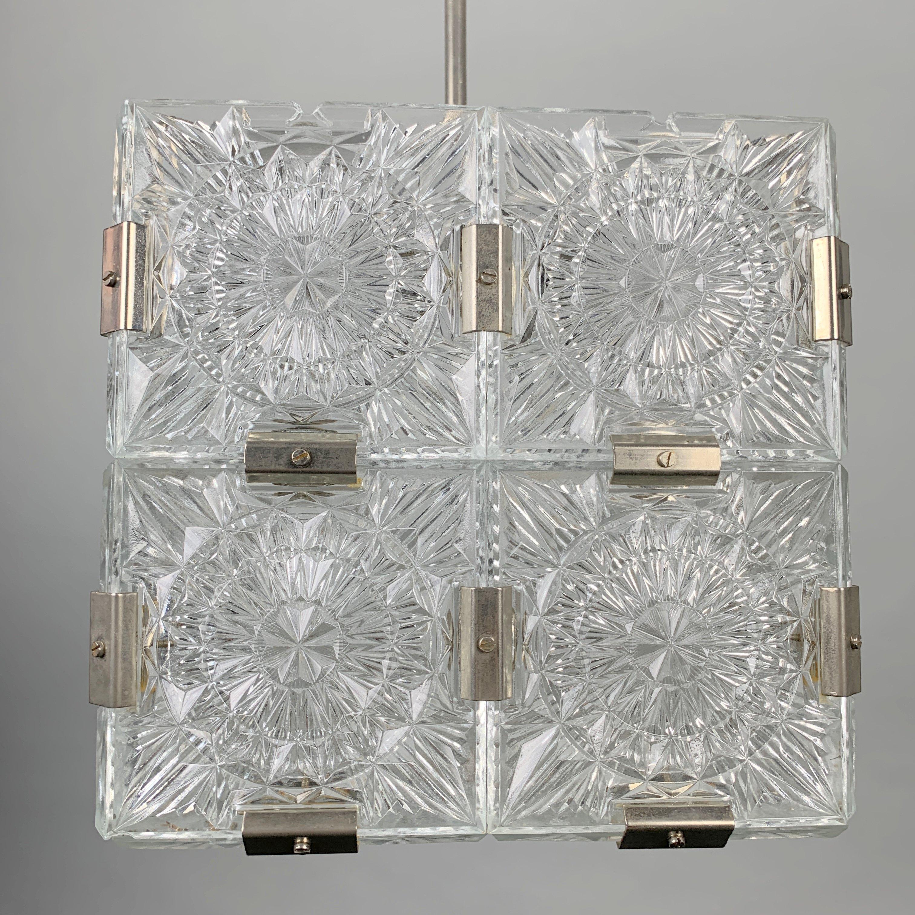Midcentury Square Clear Glass Pendant by Kamenicky Senov, 1960s In Good Condition In Praha, CZ