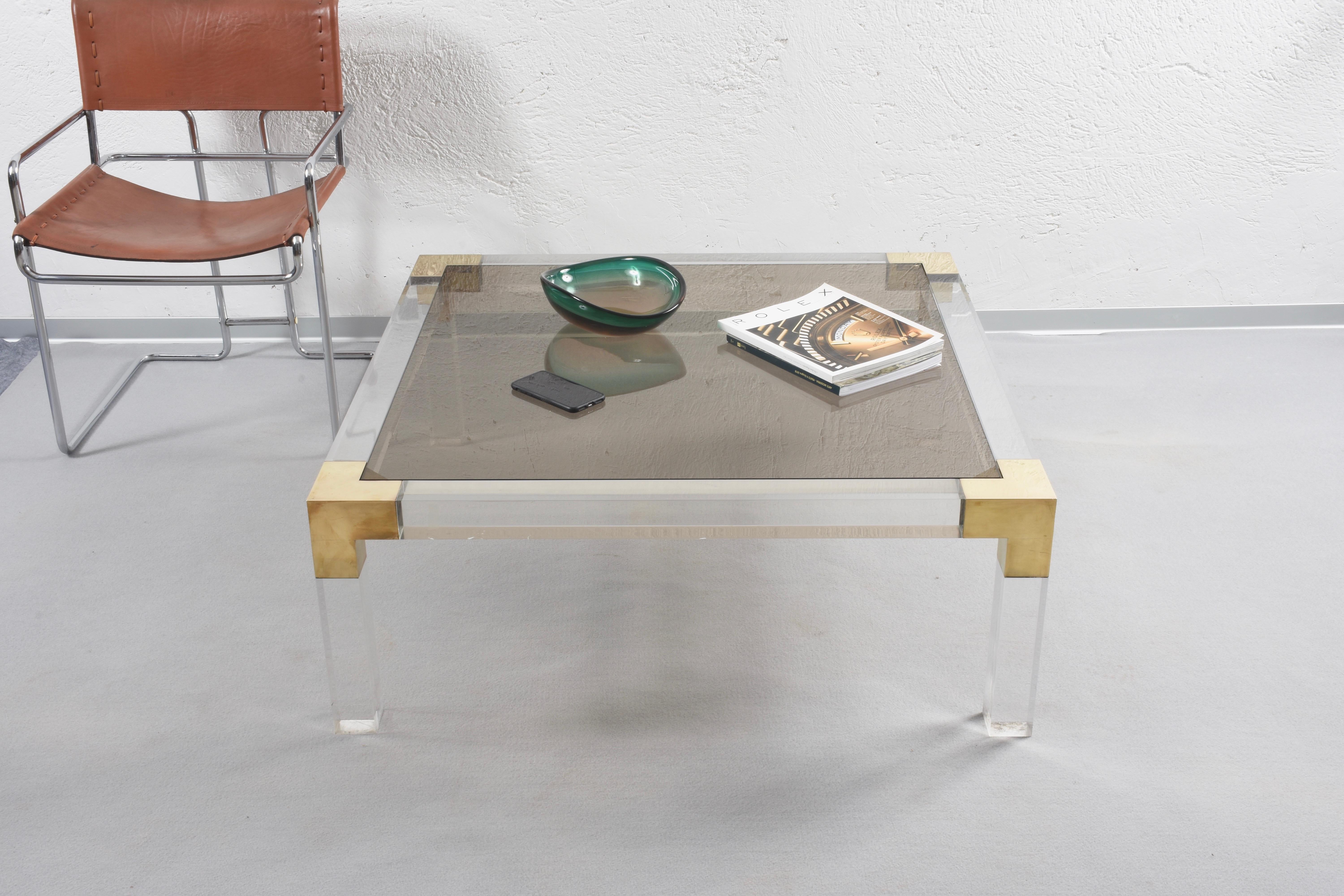 Midcentury Square Coffee Table in Brass and Lucite, Smoked Glass Top Italy 1970s 7