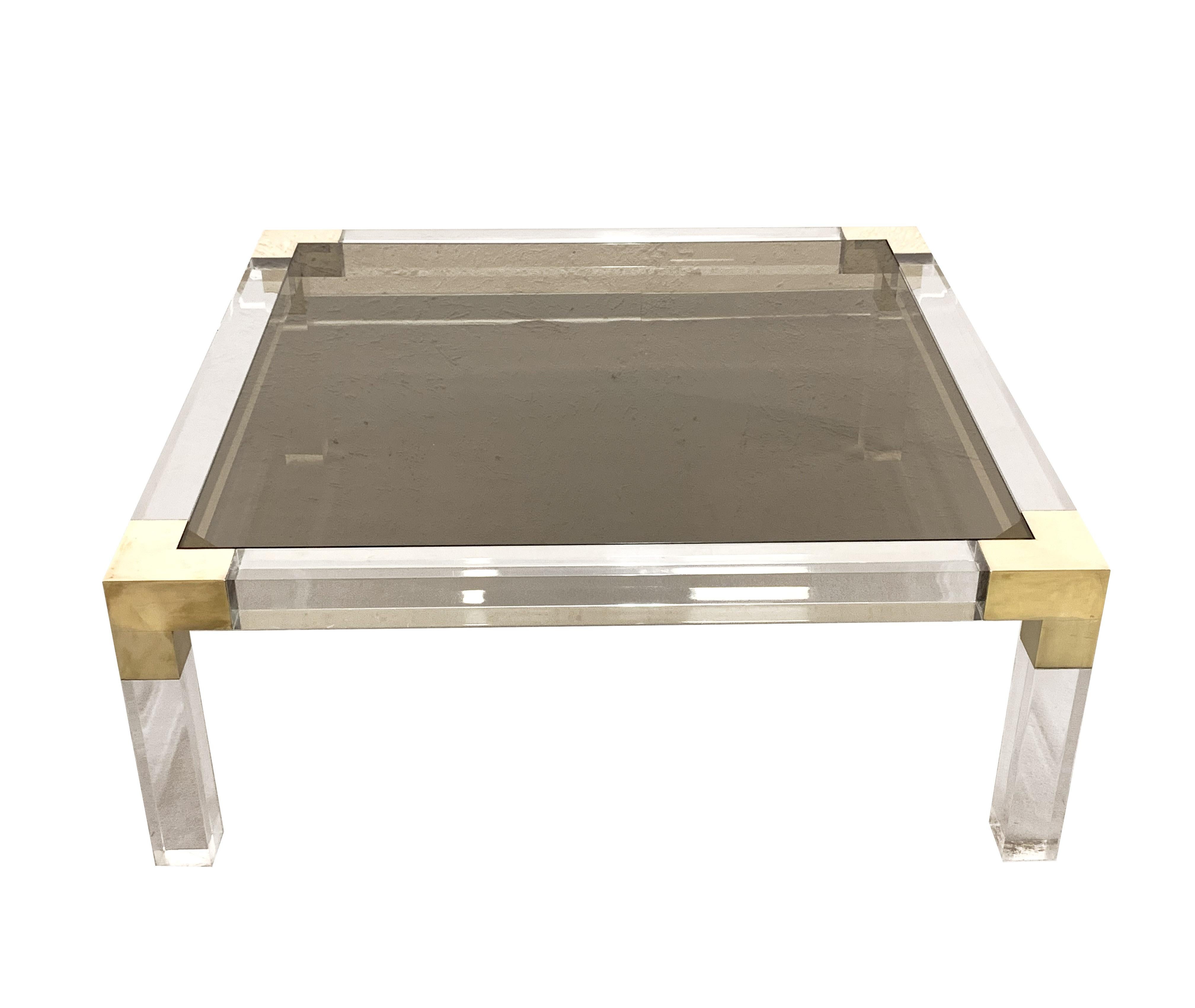 Mid-Century Modern Midcentury Square Coffee Table in Brass and Lucite, Smoked Glass Top Italy 1970s