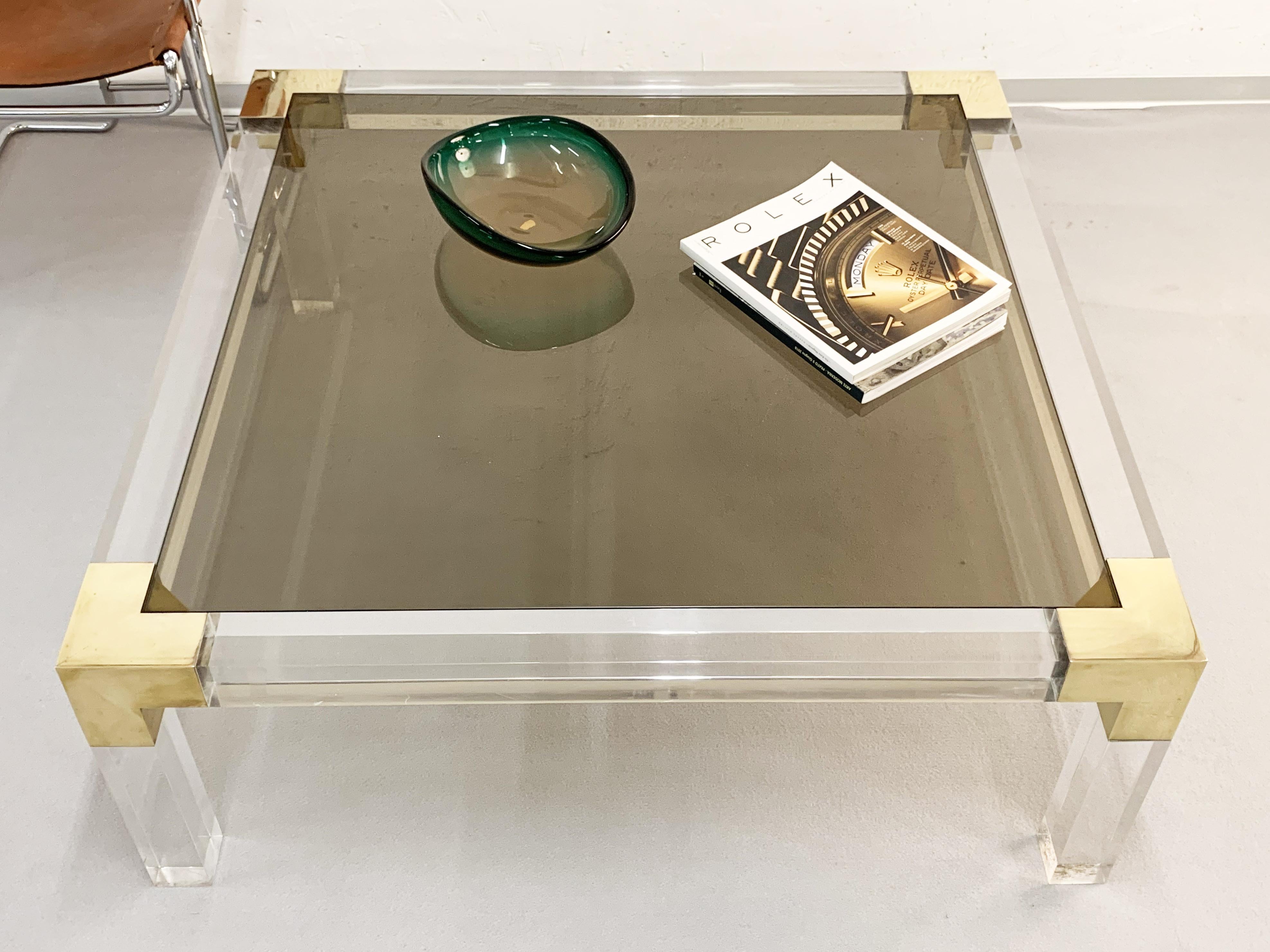 Italian Midcentury Square Coffee Table in Brass and Lucite, Smoked Glass Top Italy 1970s