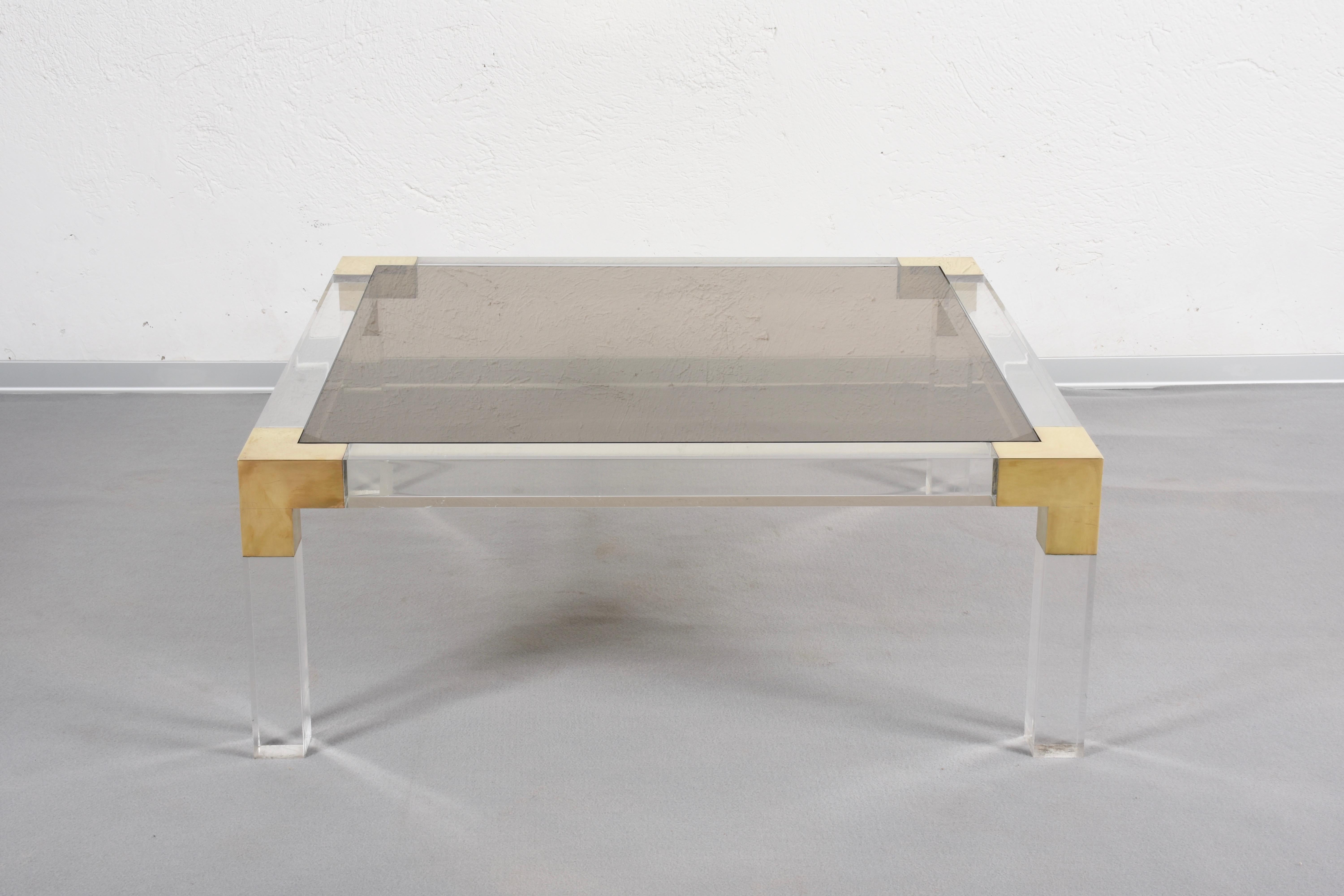 Late 20th Century Midcentury Square Coffee Table in Brass and Lucite, Smoked Glass Top Italy 1970s