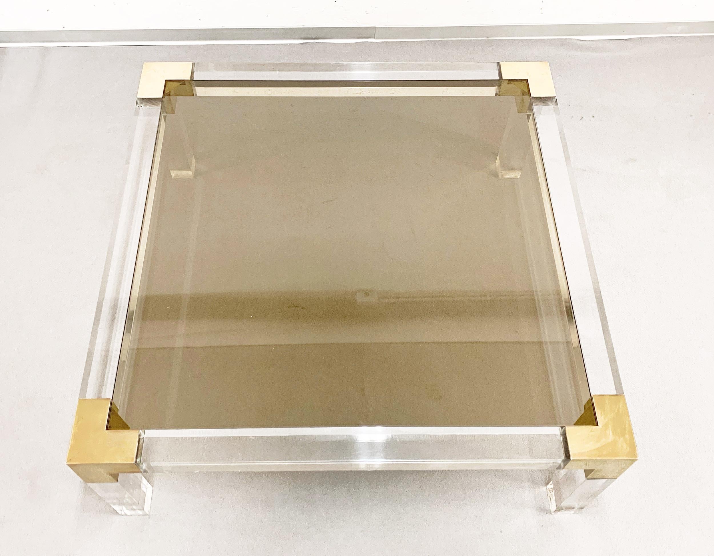 Midcentury Square Coffee Table in Brass and Lucite, Smoked Glass Top Italy 1970s 1