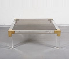 Midcentury Square Coffee Table in Brass and Lucite, Smoked Glass Top Italy 1970s