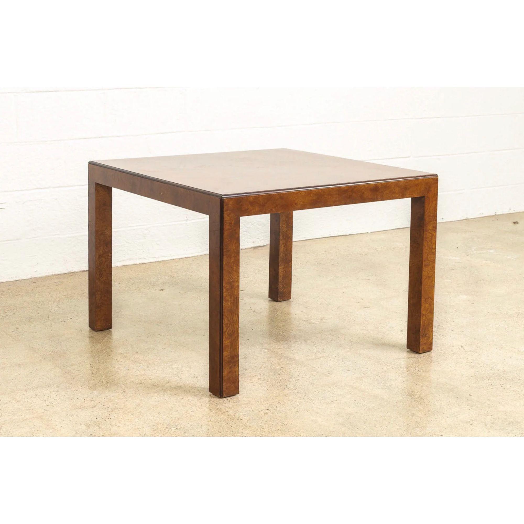 This Mid-Century Modern John Widdicomb Square burl wood coffee or occasional table circa 1970 features a classic minimalist design with clean geometric lines. The table is well-constructed from solid burl wood and the elegant unimposing design