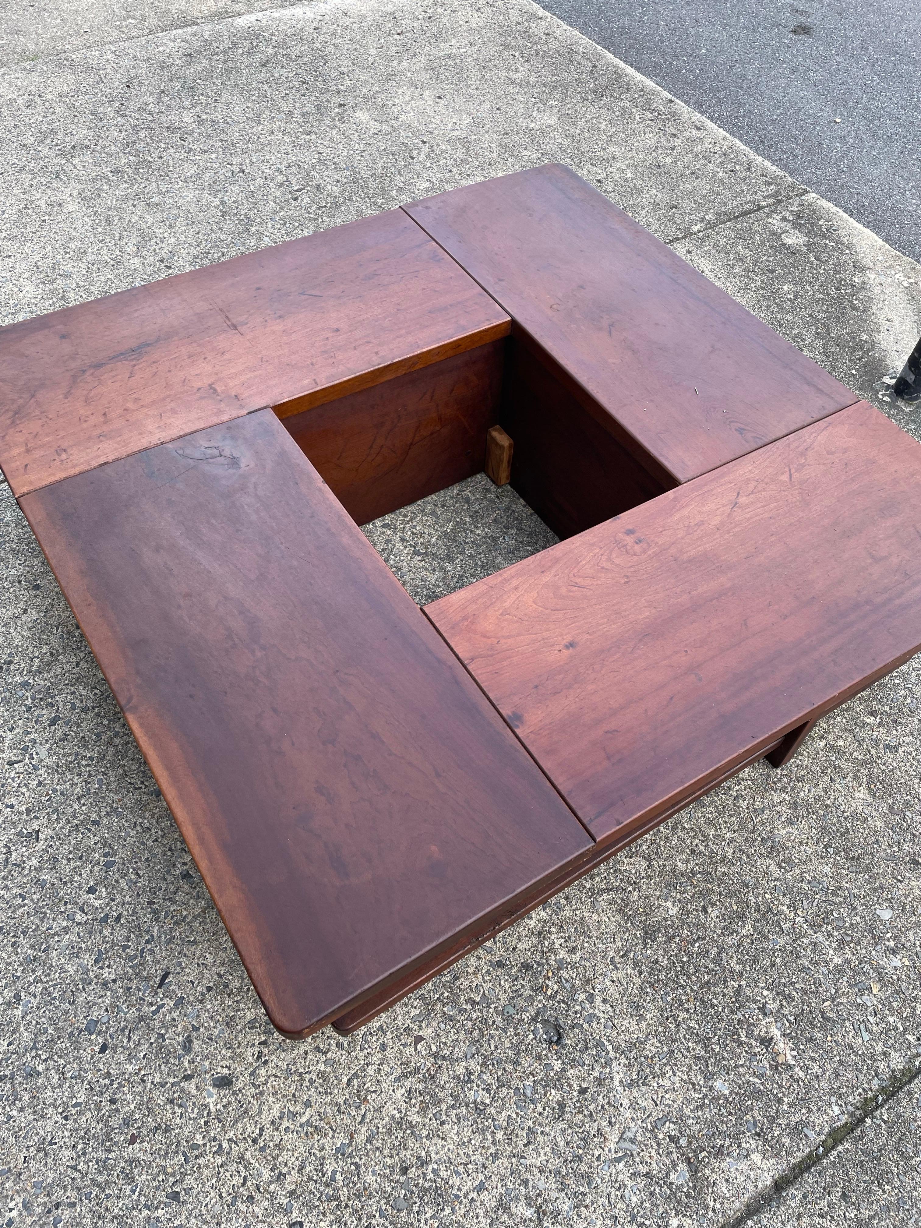 Wood Mid Century Square Coffee Table w/Center Cut-Out For Sale