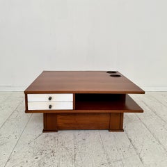 Mid Century Square Italian Coffee Table in Walnut 2 White Drawers, around 1970