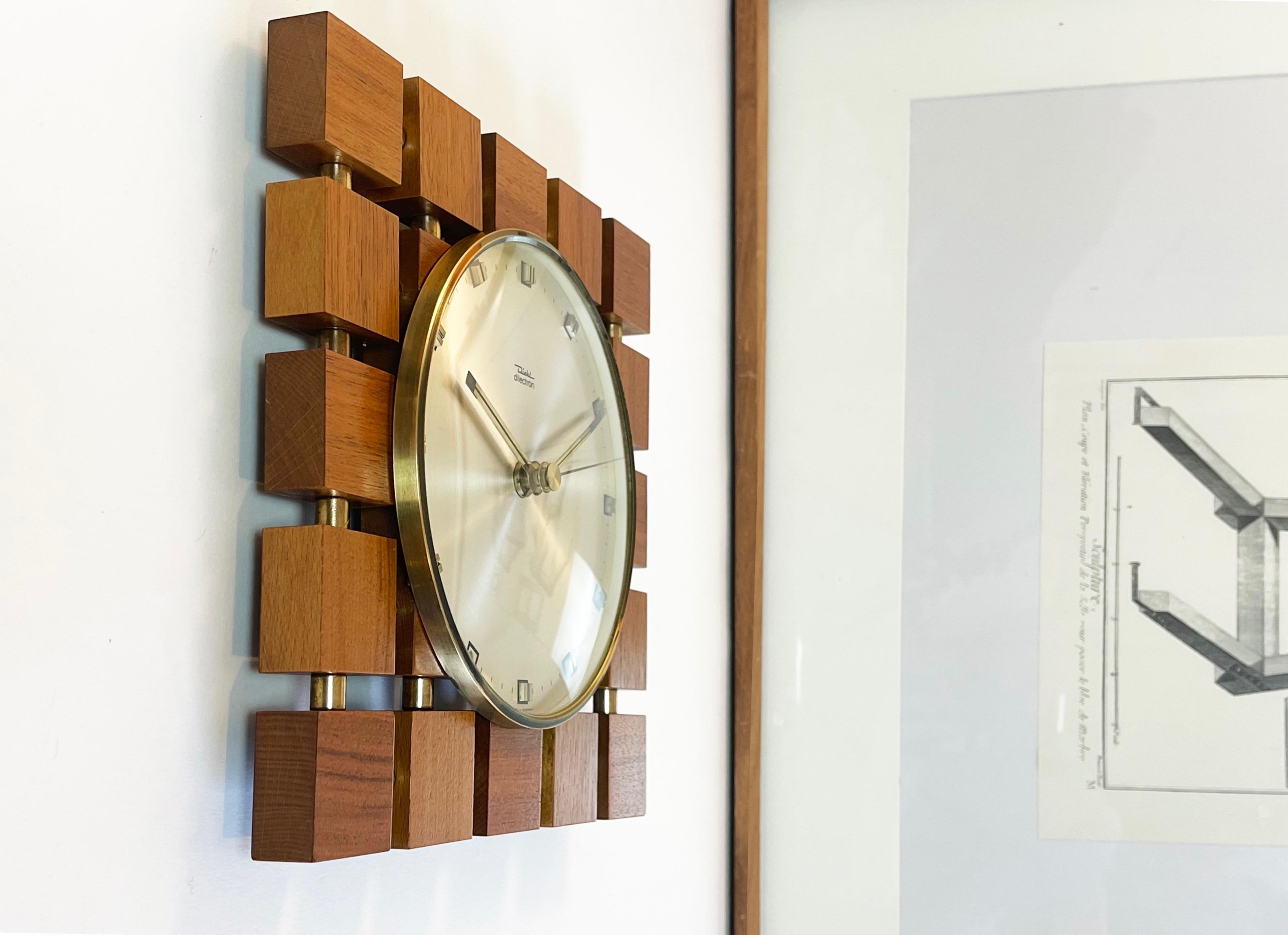 Mid-Century Modern Mid-Century ''Square of Squares'' Teak and Golden Clock 1970s by Diehl, Germany For Sale