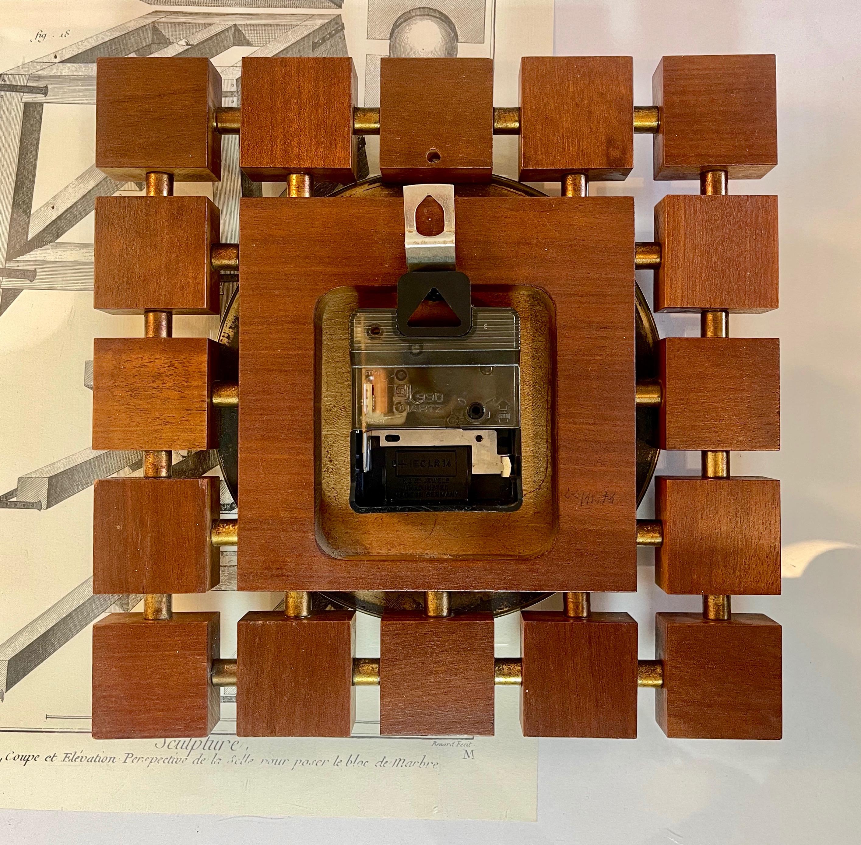 20th Century Mid-Century ''Square of Squares'' Teak and Golden Clock 1970s by Diehl, Germany For Sale