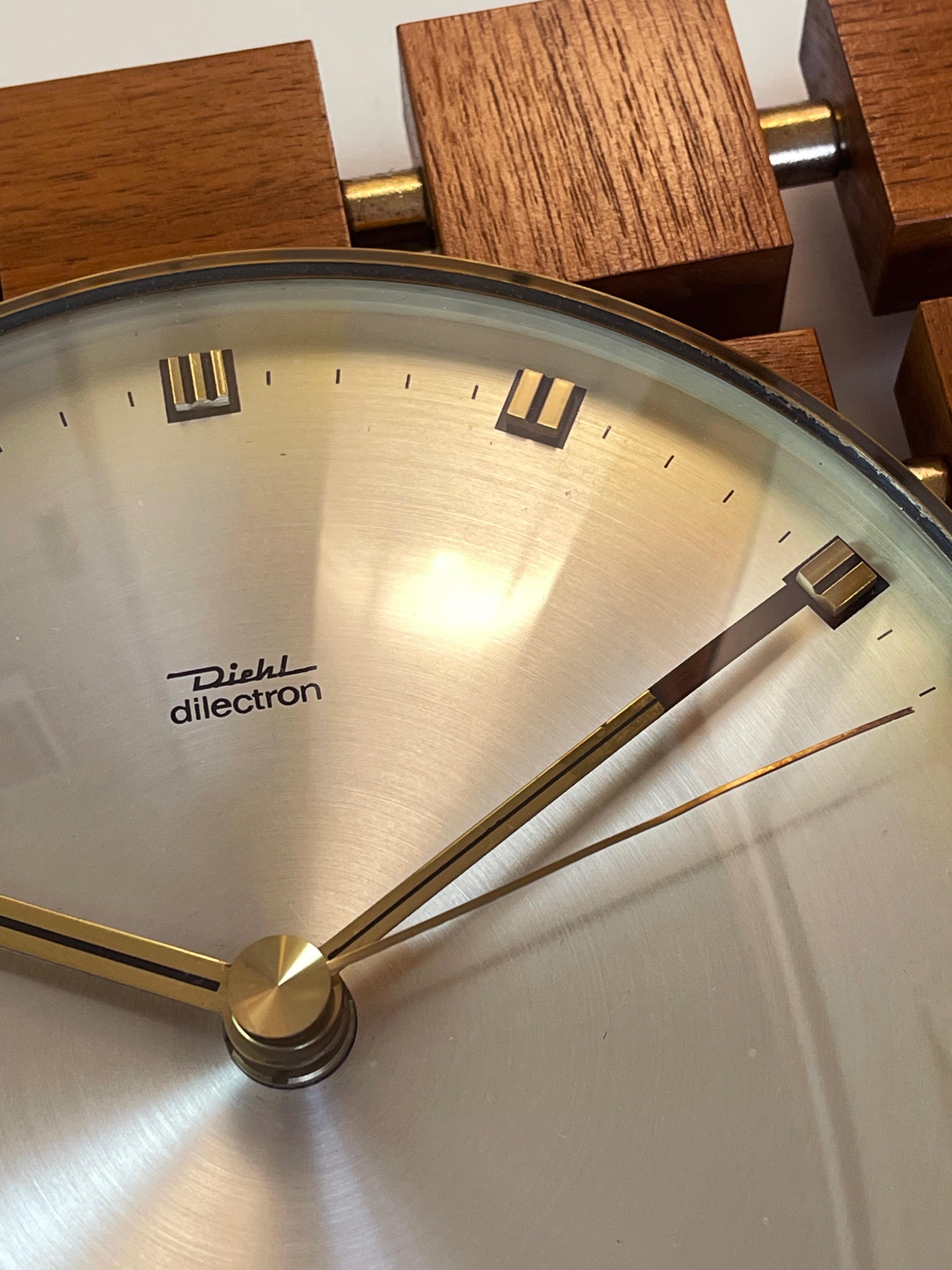 Metal Mid-Century ''Square of Squares'' Teak and Golden Clock 1970s by Diehl, Germany For Sale