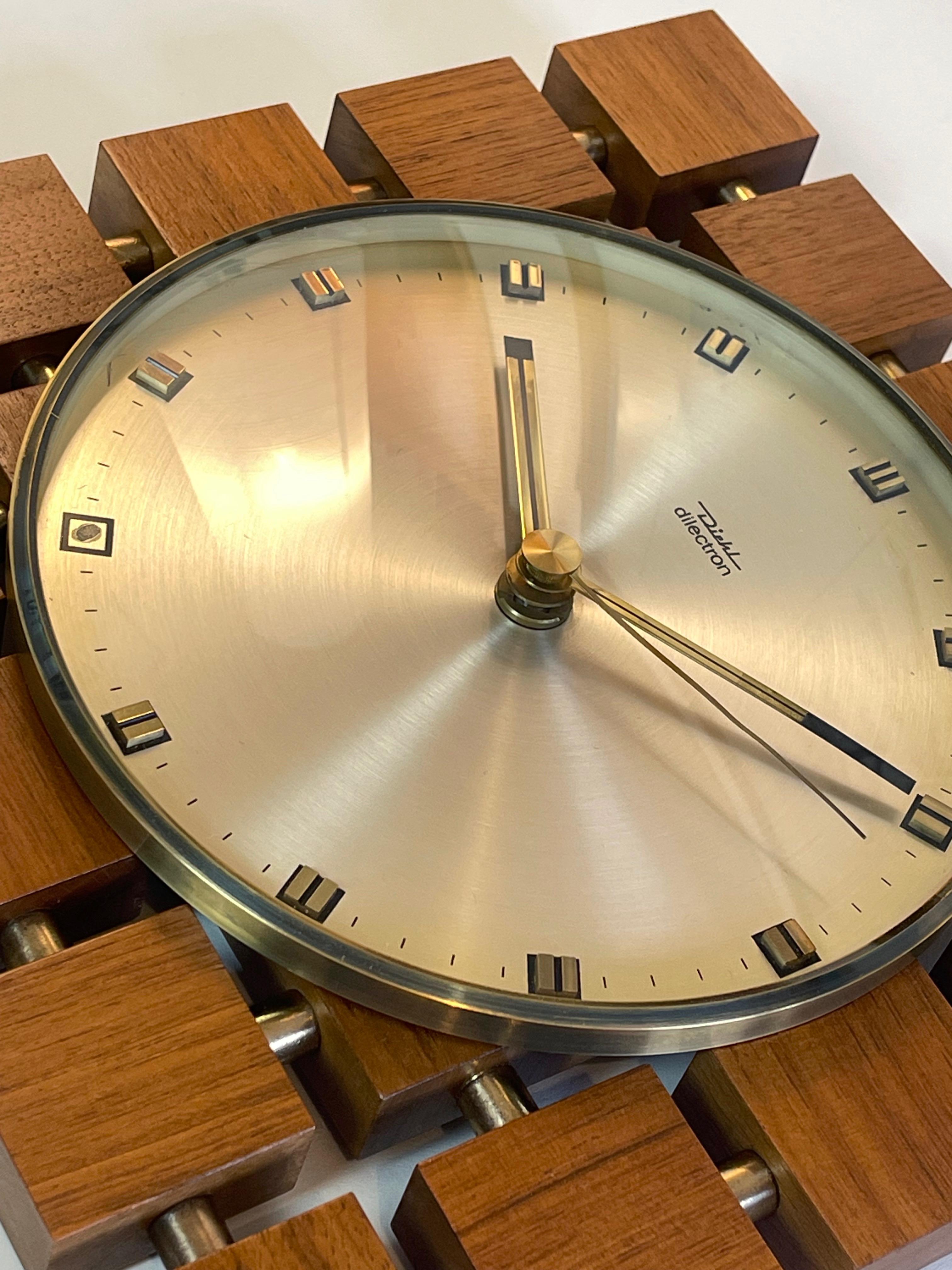 Mid-Century ''Square of Squares'' Teak and Golden Clock 1970s by Diehl, Germany For Sale 1