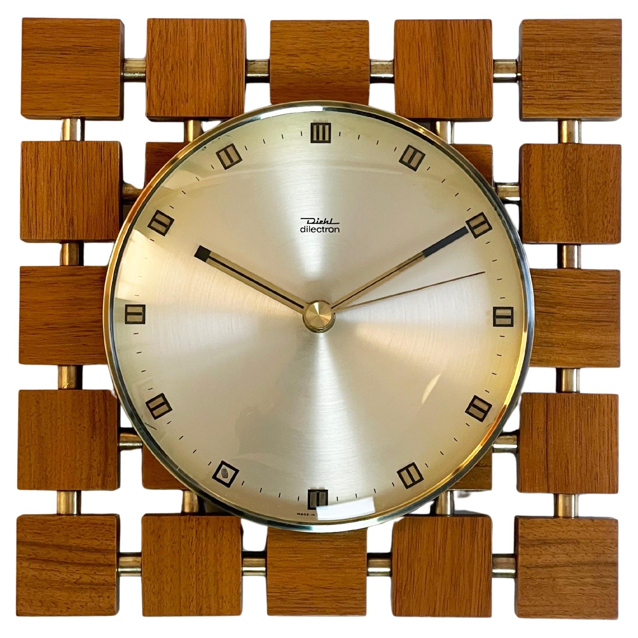 Mid-Century ''Square of Squares'' Teak and Golden Clock 1970s by Diehl, Germany For Sale