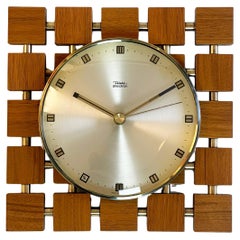 Vintage Mid-Century ''Square of Squares'' Teak and Golden Clock 1970s by Diehl, Germany