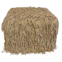 Midcentury Square Ottoman or Pouf Covered with Leather Fringe Beige