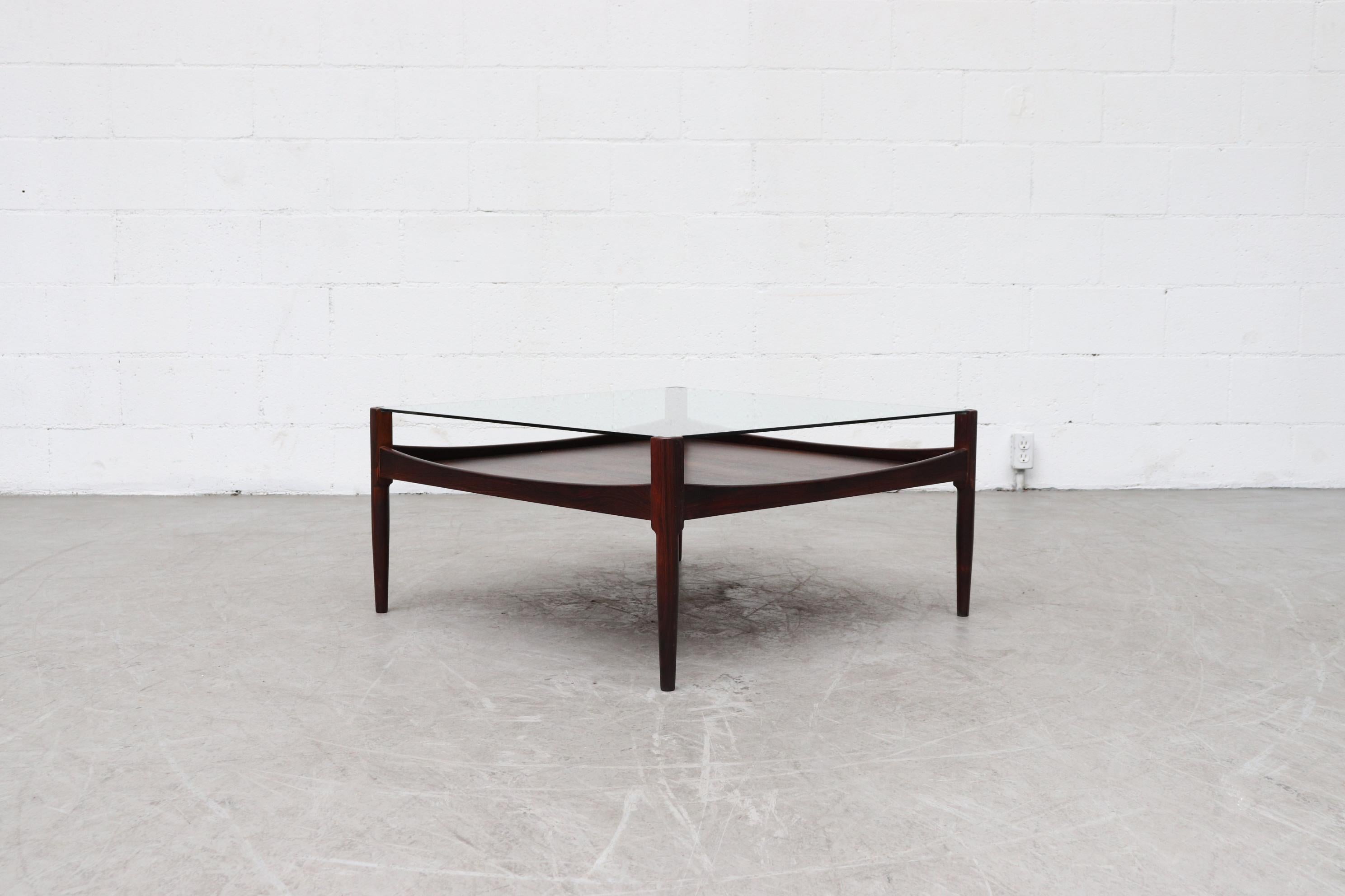 Dutch Midcentury Square Rosewood Table with Inset Glass