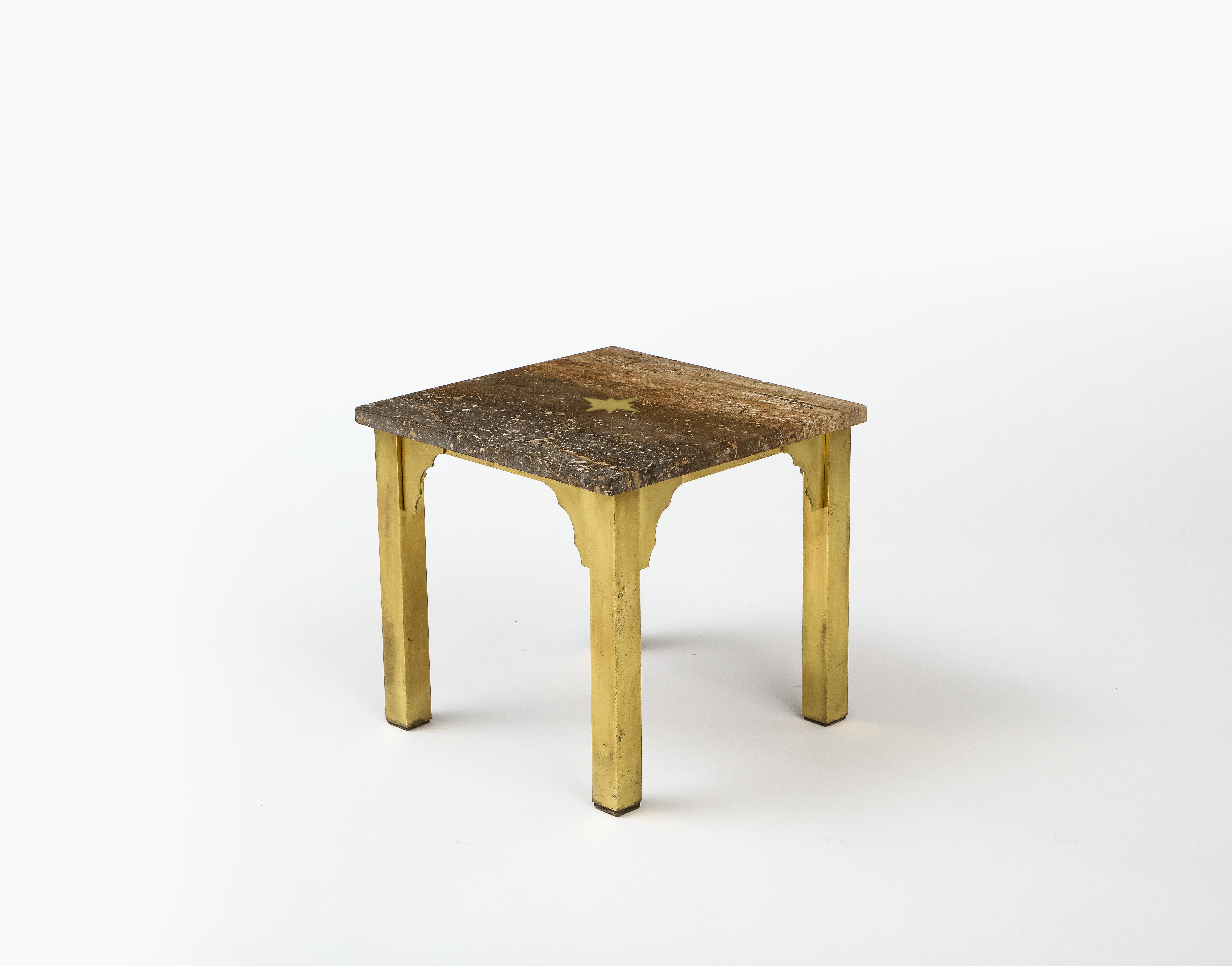 Small Square Table in Brass & Travertine, Inlay & Arabesque Details, USA 1960's For Sale 4