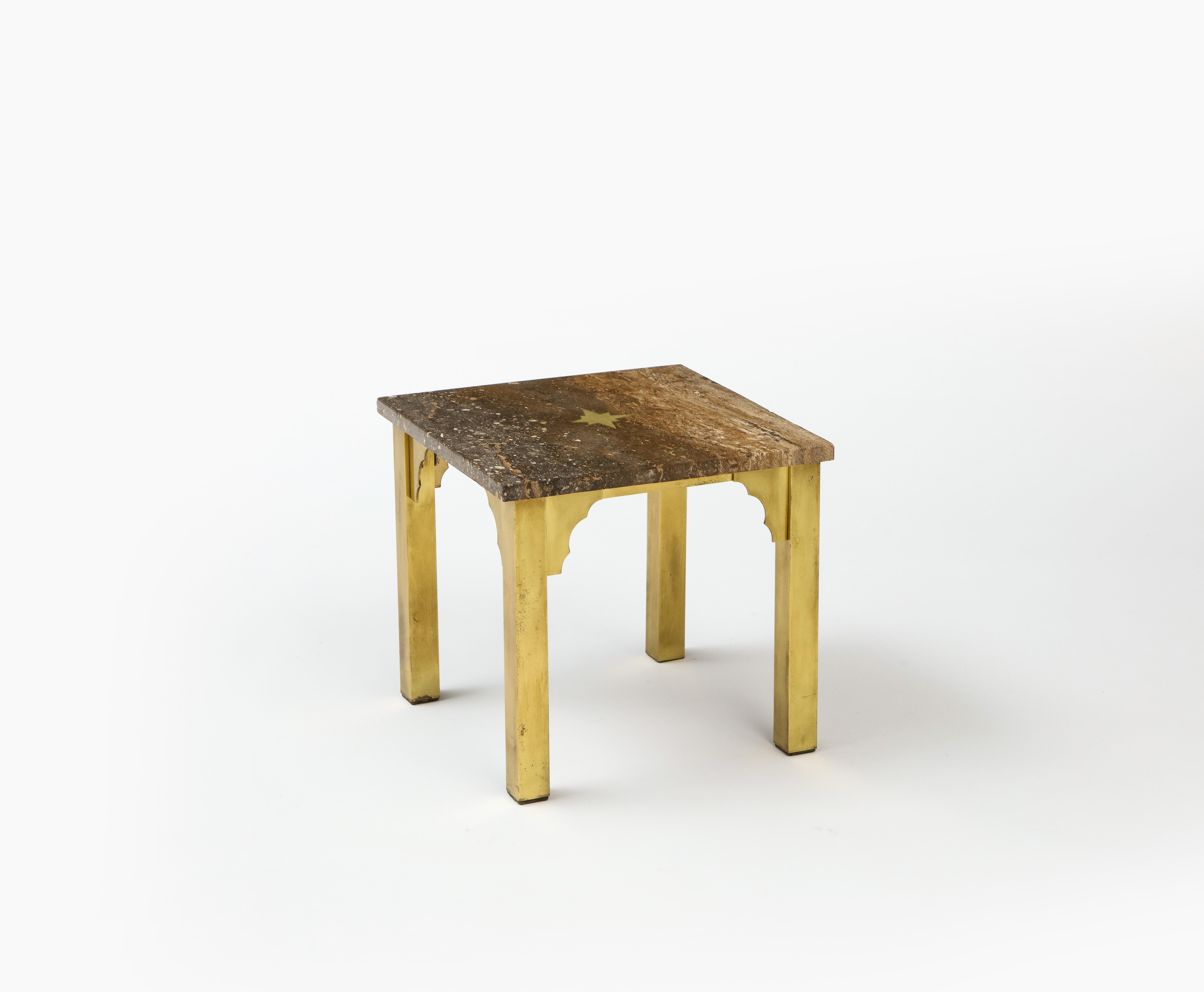Small Square Table in Brass & Travertine, Inlay & Arabesque Details, USA 1960's For Sale 5