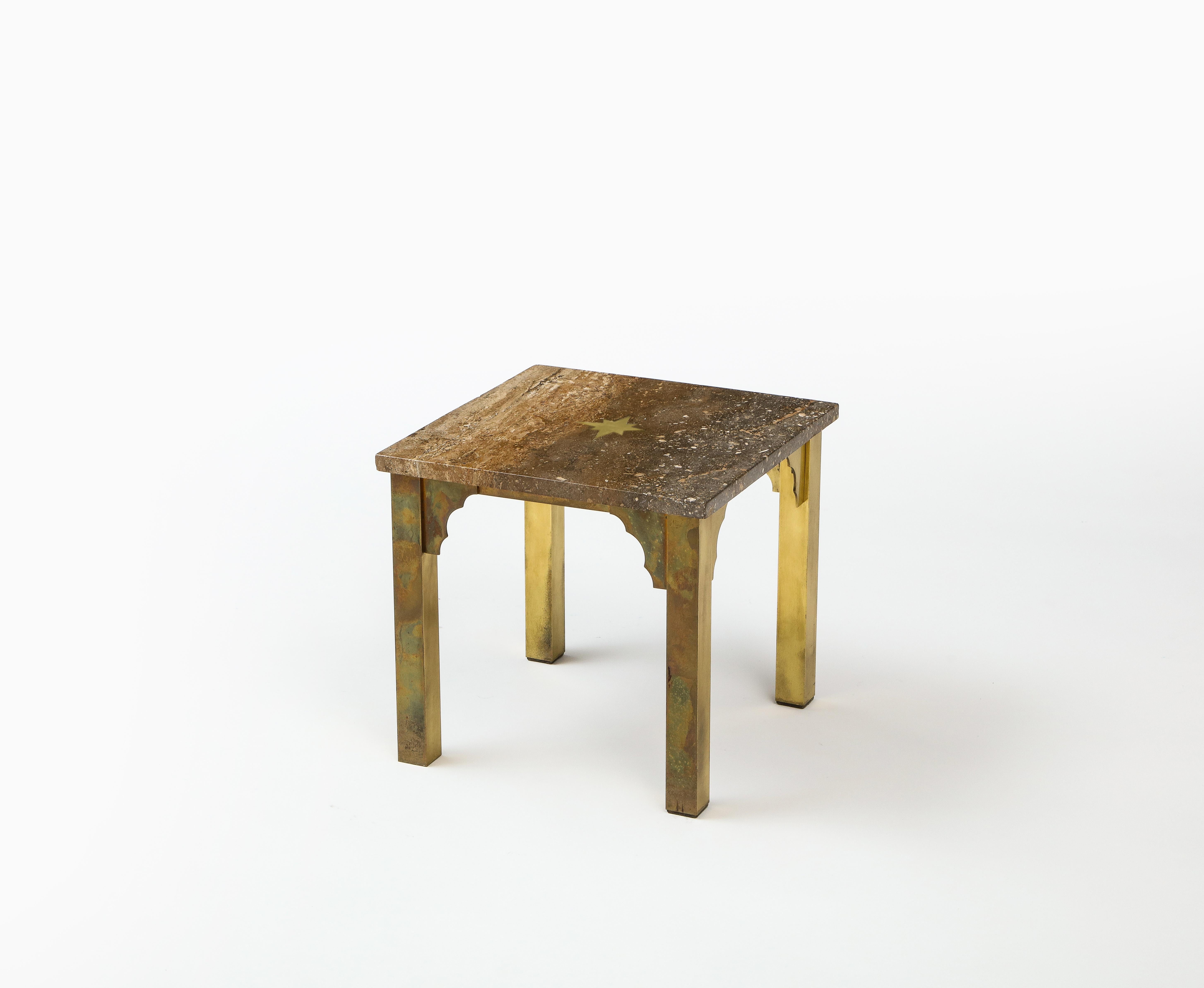 American Small Square Table in Brass & Travertine, Inlay & Arabesque Details, USA 1960's For Sale