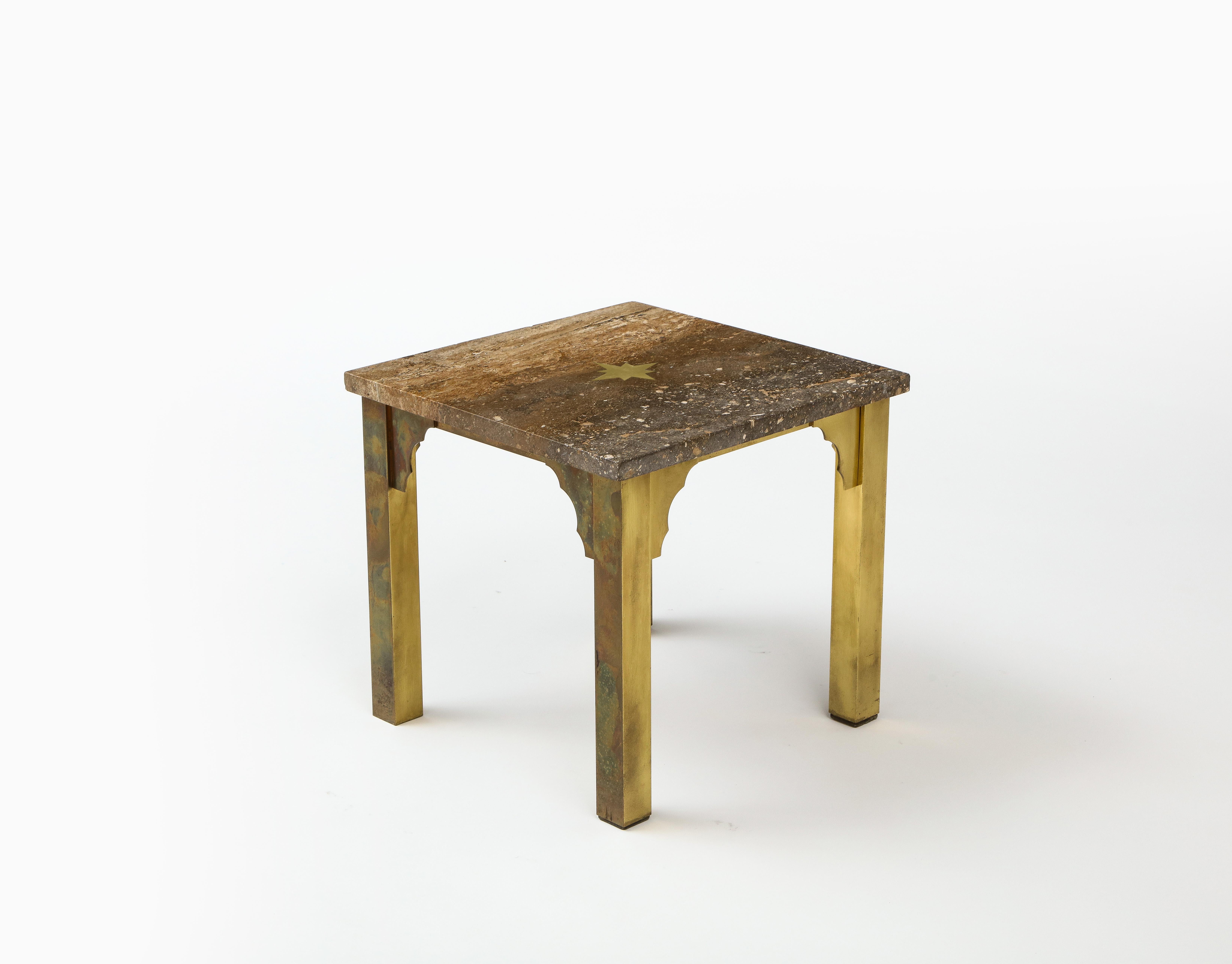 Small Square Table in Brass & Travertine, Inlay & Arabesque Details, USA 1960's In Good Condition For Sale In New York, NY