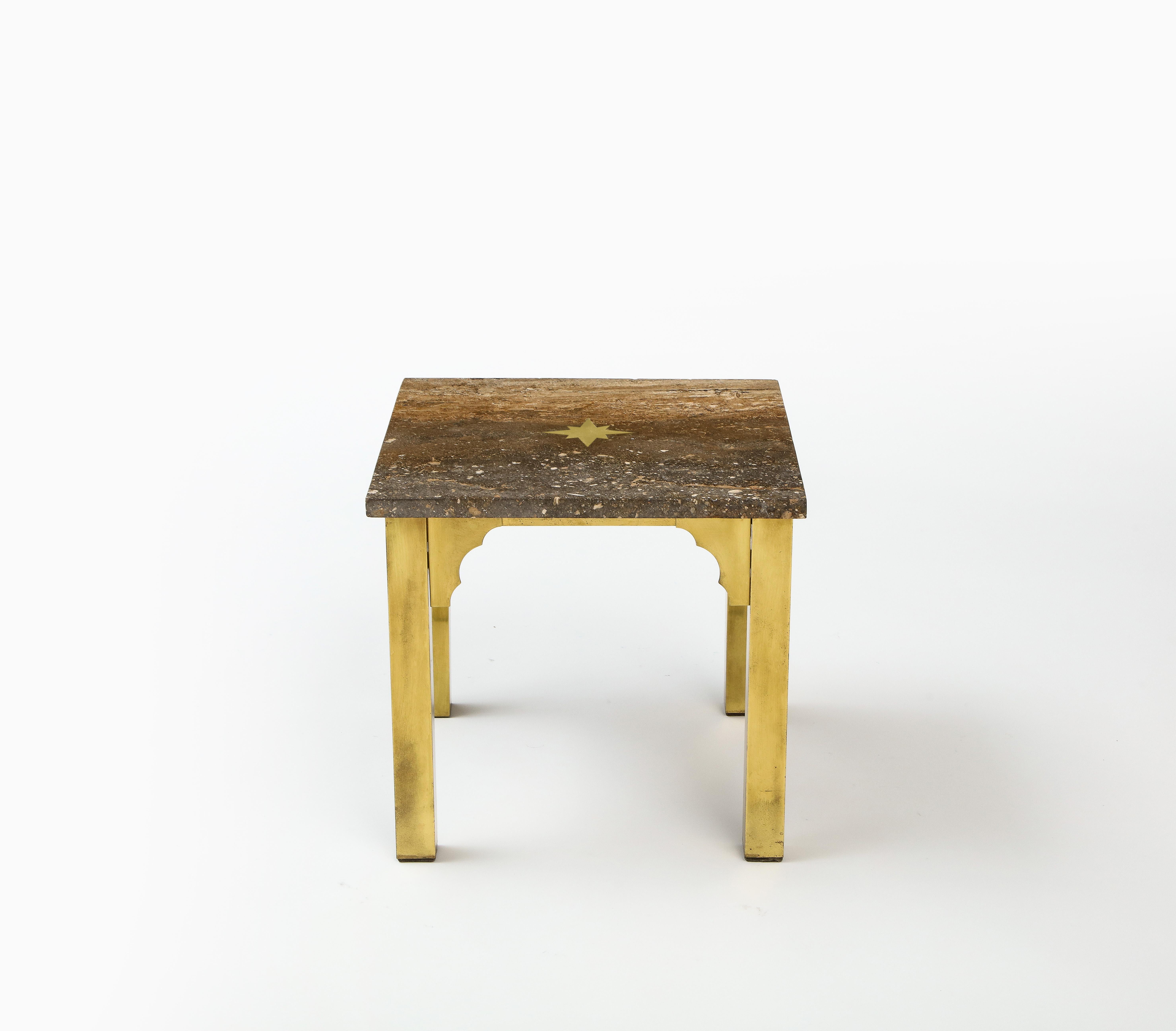 Mid-20th Century Small Square Table in Brass & Travertine, Inlay & Arabesque Details, USA 1960's For Sale