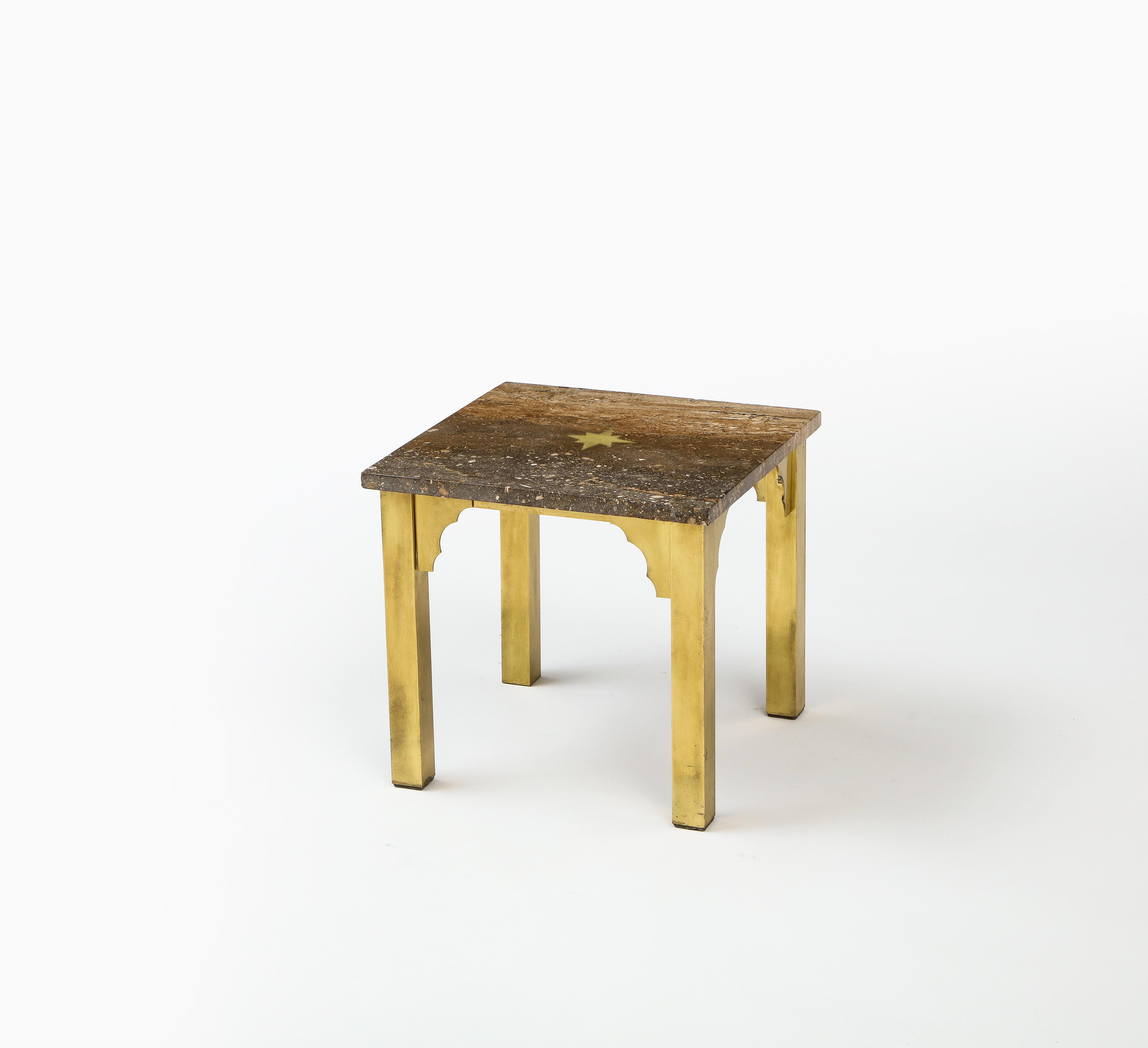 Small Square Table in Brass & Travertine, Inlay & Arabesque Details, USA 1960's For Sale 1