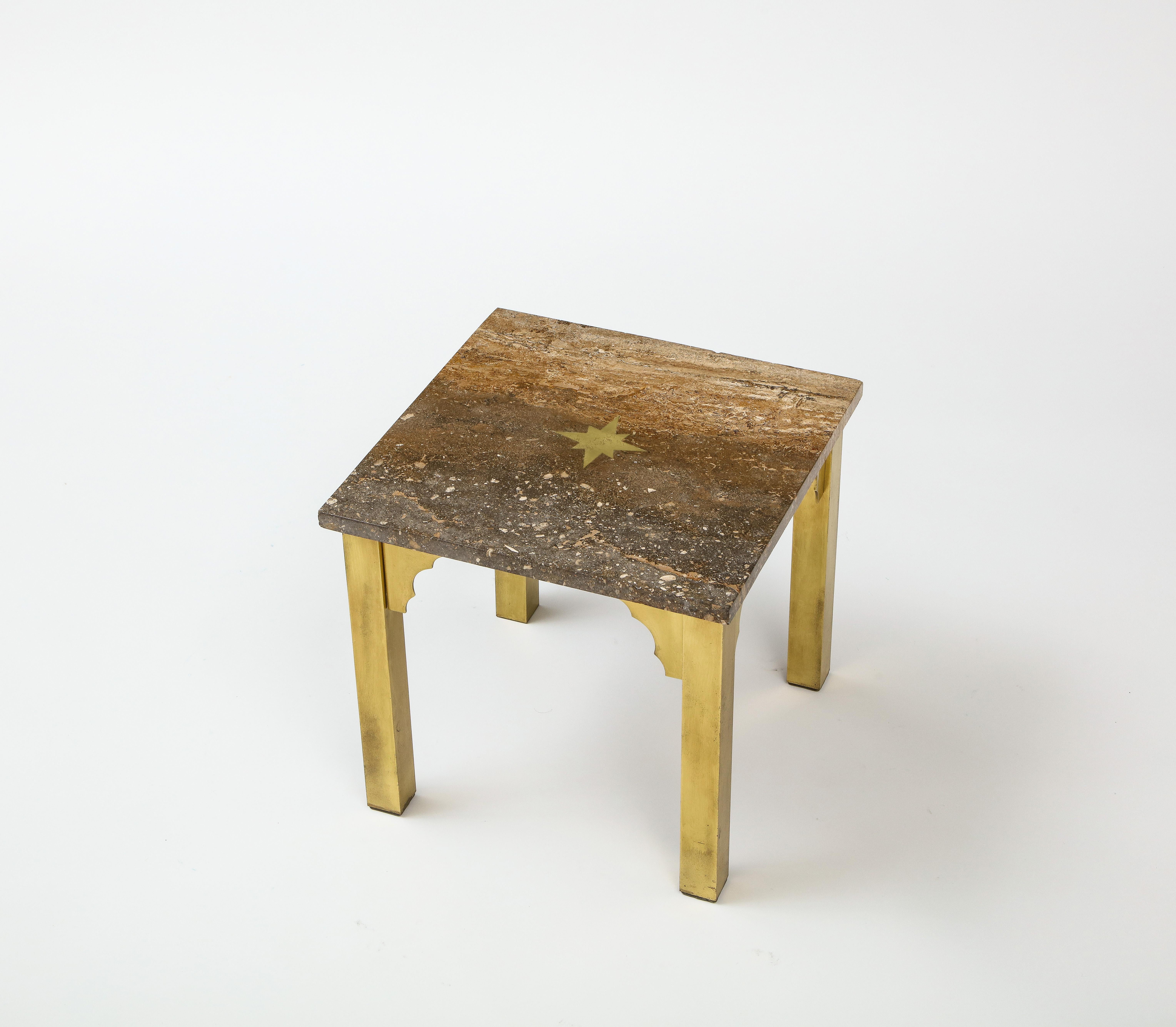 Small Square Table in Brass & Travertine, Inlay & Arabesque Details, USA 1960's For Sale 2