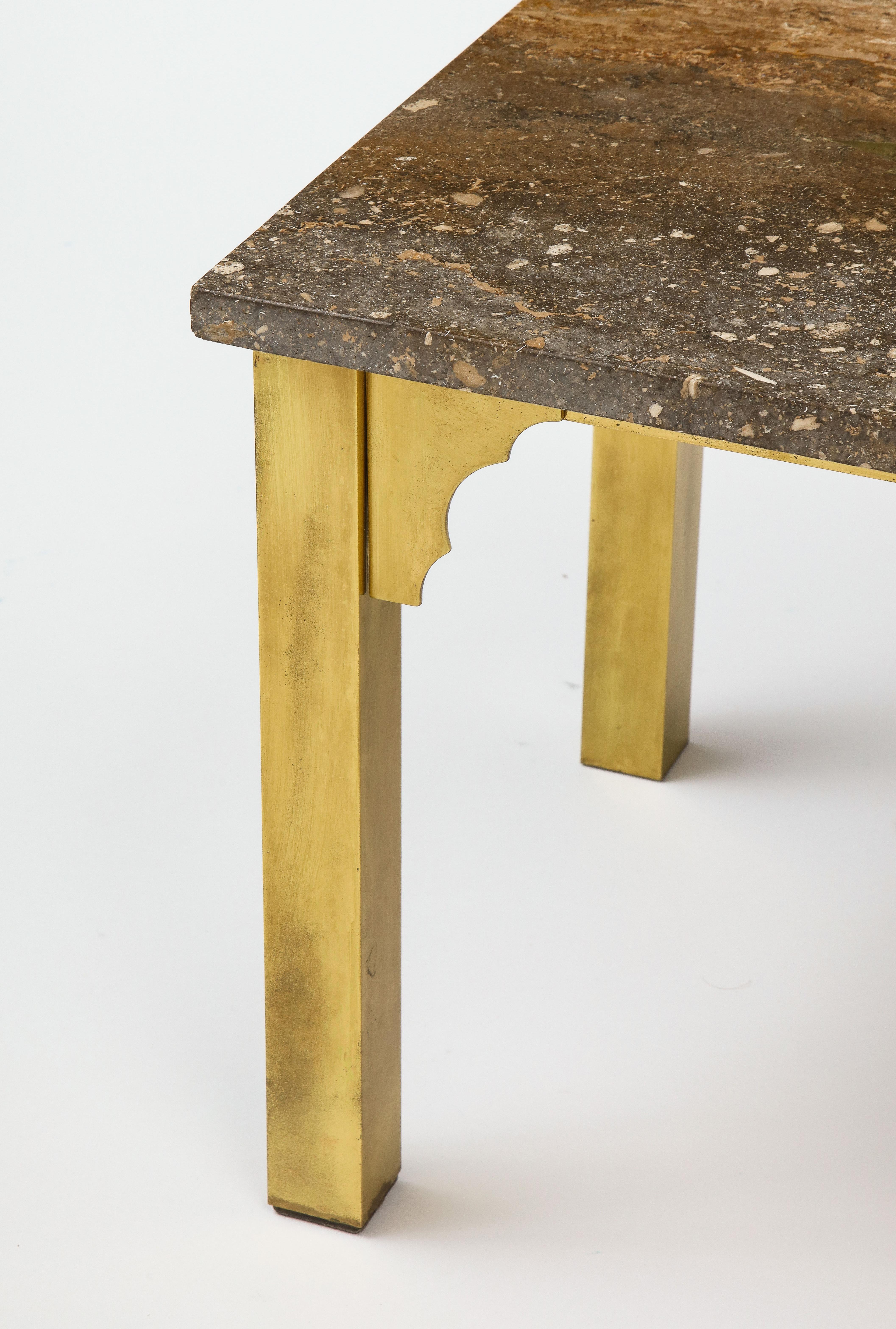 Small Square Table in Brass & Travertine, Inlay & Arabesque Details, USA 1960's For Sale 3