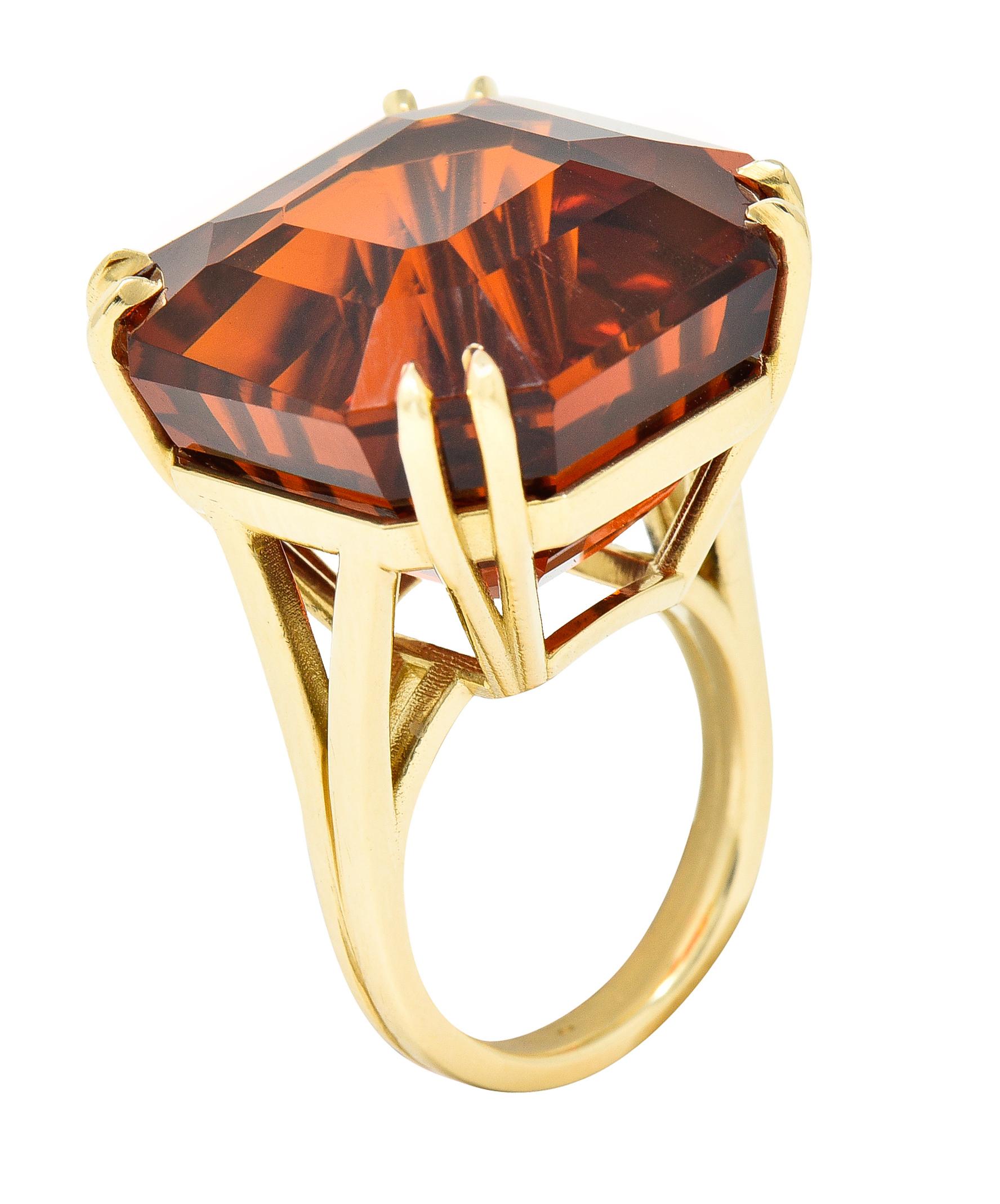 Quadratischer Stufenschliff Citrin 14 Karat Gelbgold Substantial Ring aus der Mitte des Jahrhunderts 3