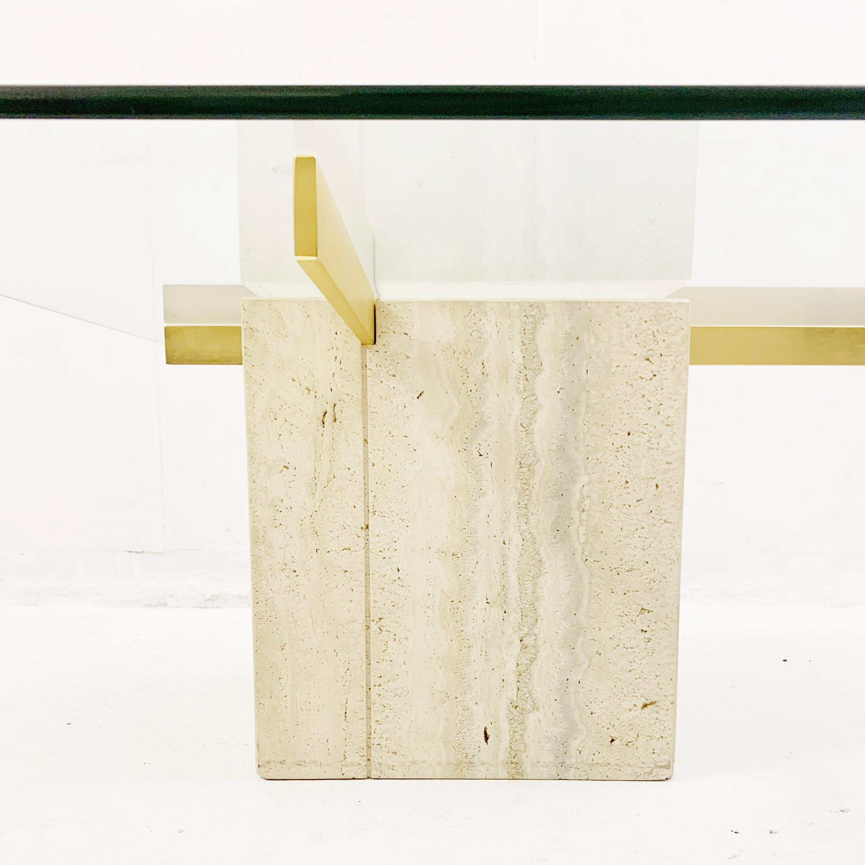 Mid-century square travertine and glass coffee Table by Artedi - Italy, 1970s.