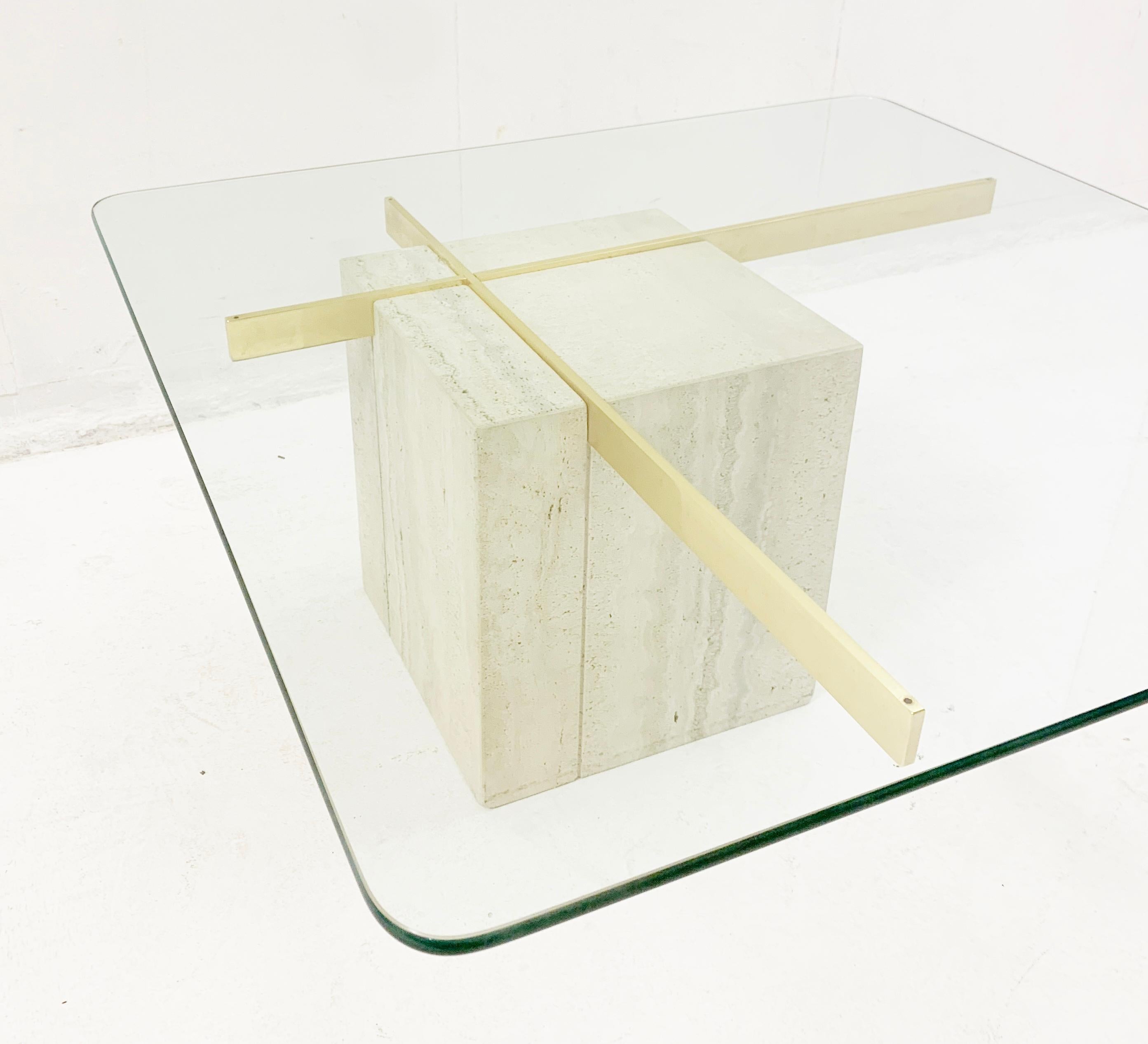 Italian Mid-Century Square Travertine and Glass Coffee Table by Artedi, Italy, 1970s