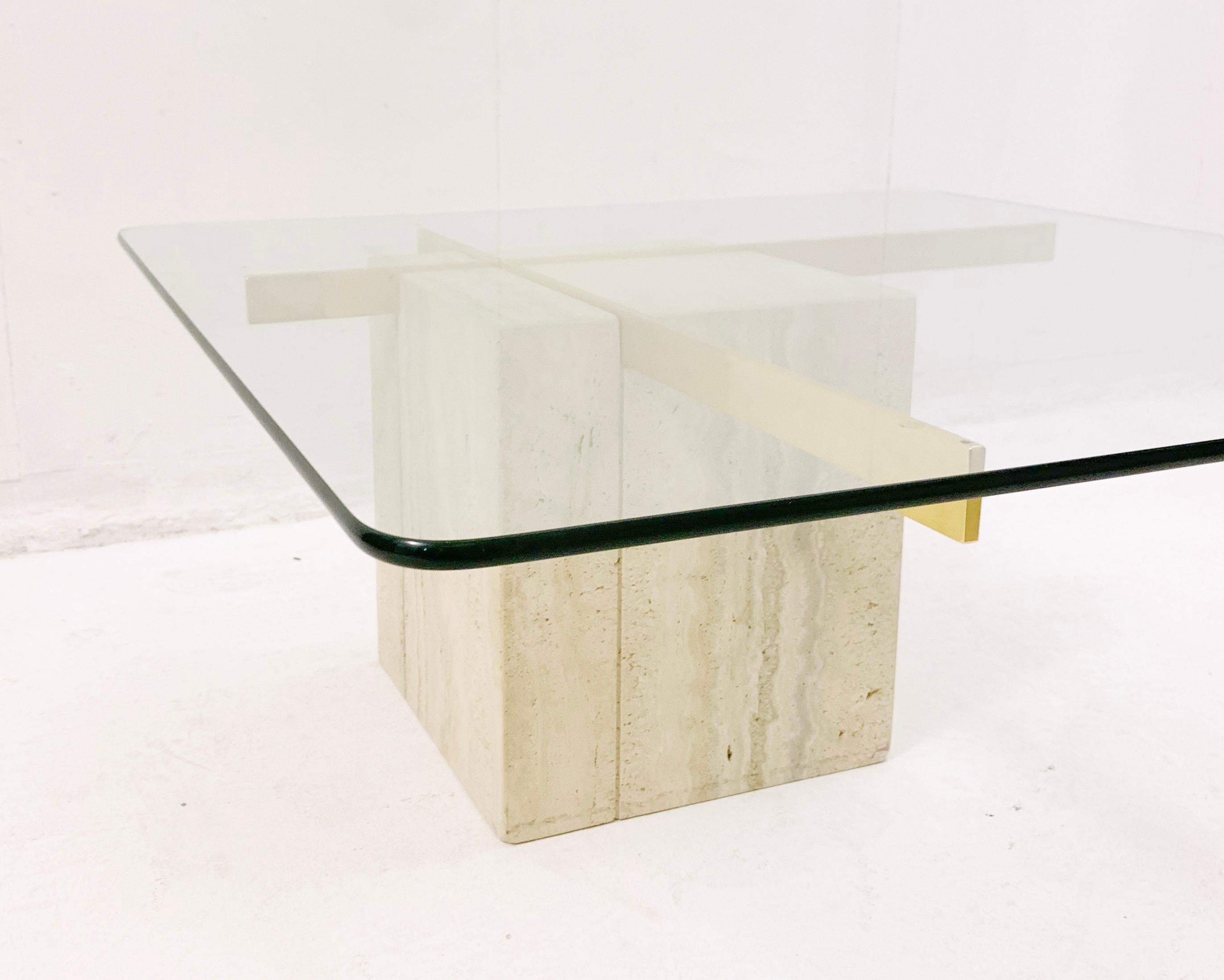 Mid-Century Square Travertine and Glass Coffee Table by Artedi, Italy, 1970s In Good Condition In Brussels, BE