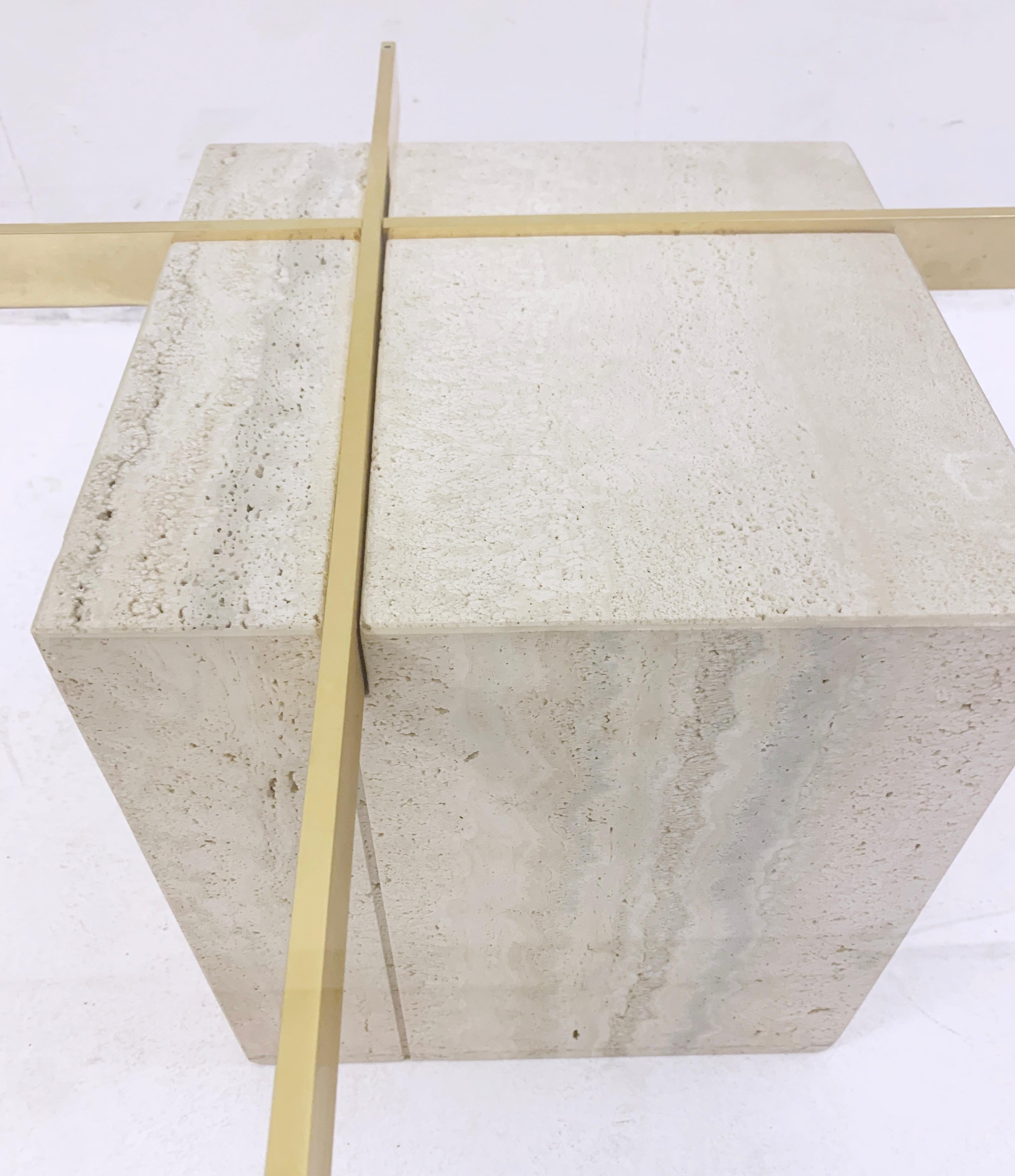 Late 20th Century Mid-Century Square Travertine and Glass Coffee Table by Artedi, Italy, 1970s
