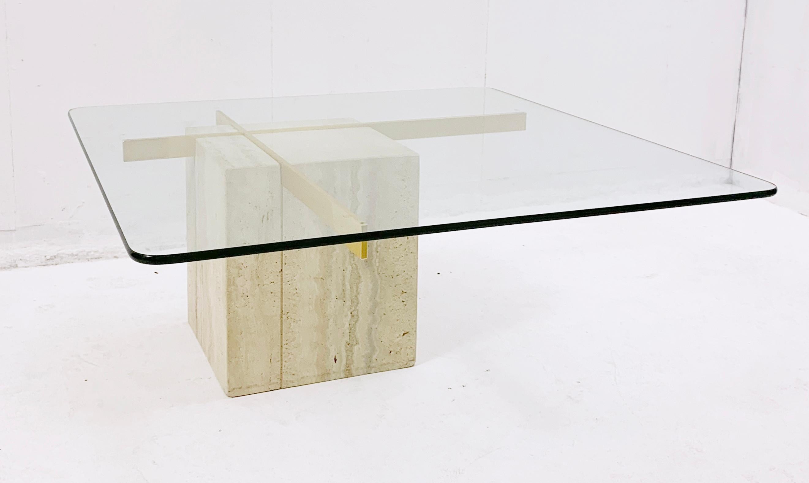 Mid-Century Square Travertine and Glass Coffee Table by Artedi, Italy, 1970s 1