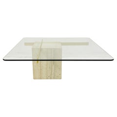 Mid-Century Square Travertine and Glass Coffee Table by Artedi, Italy, 1970s