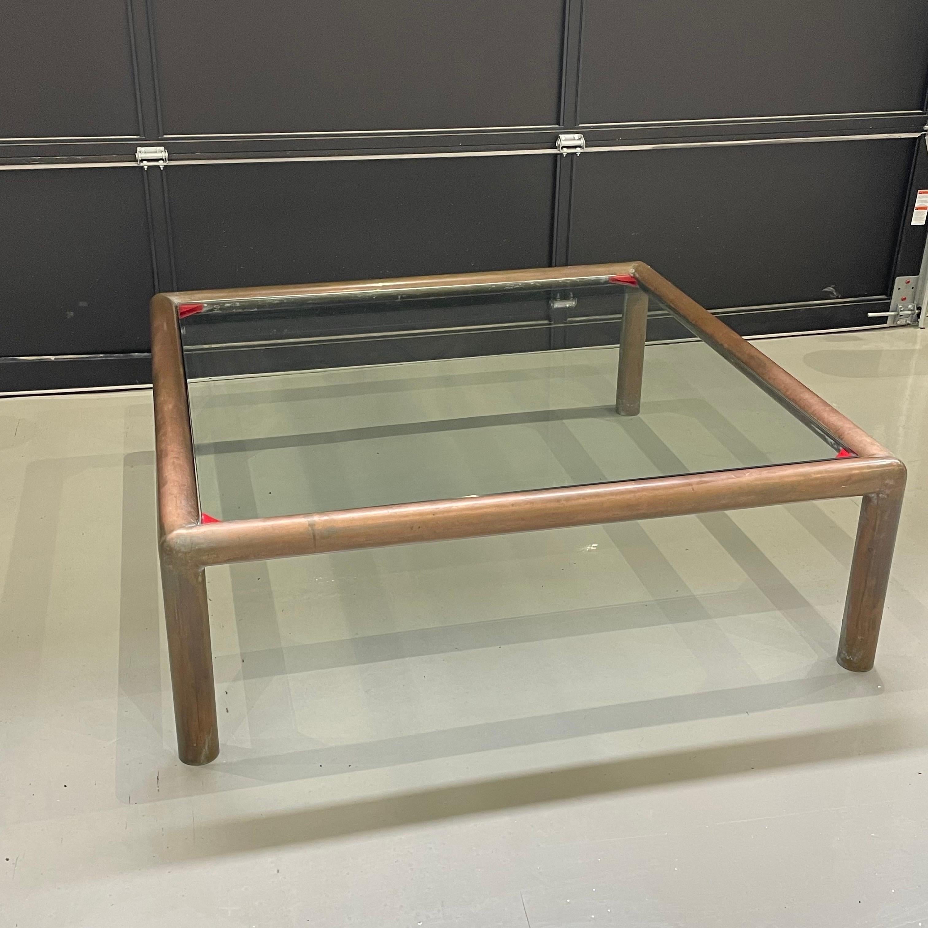 American Mid Century Square Tubular Brass Coffee Table with Glass Top, Impressive Size