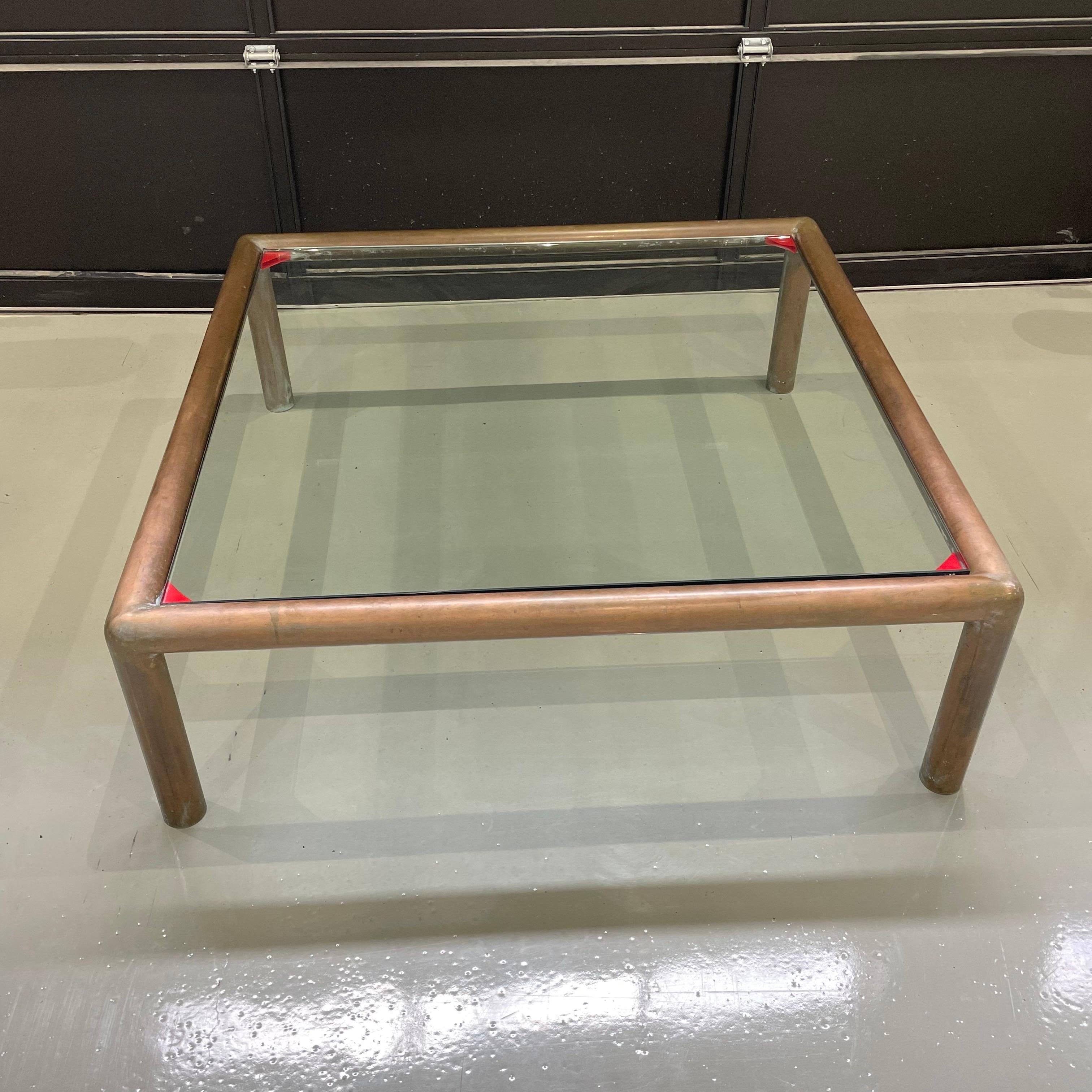 Mid Century Square Tubular Brass Coffee Table with Glass Top, Impressive Size 1
