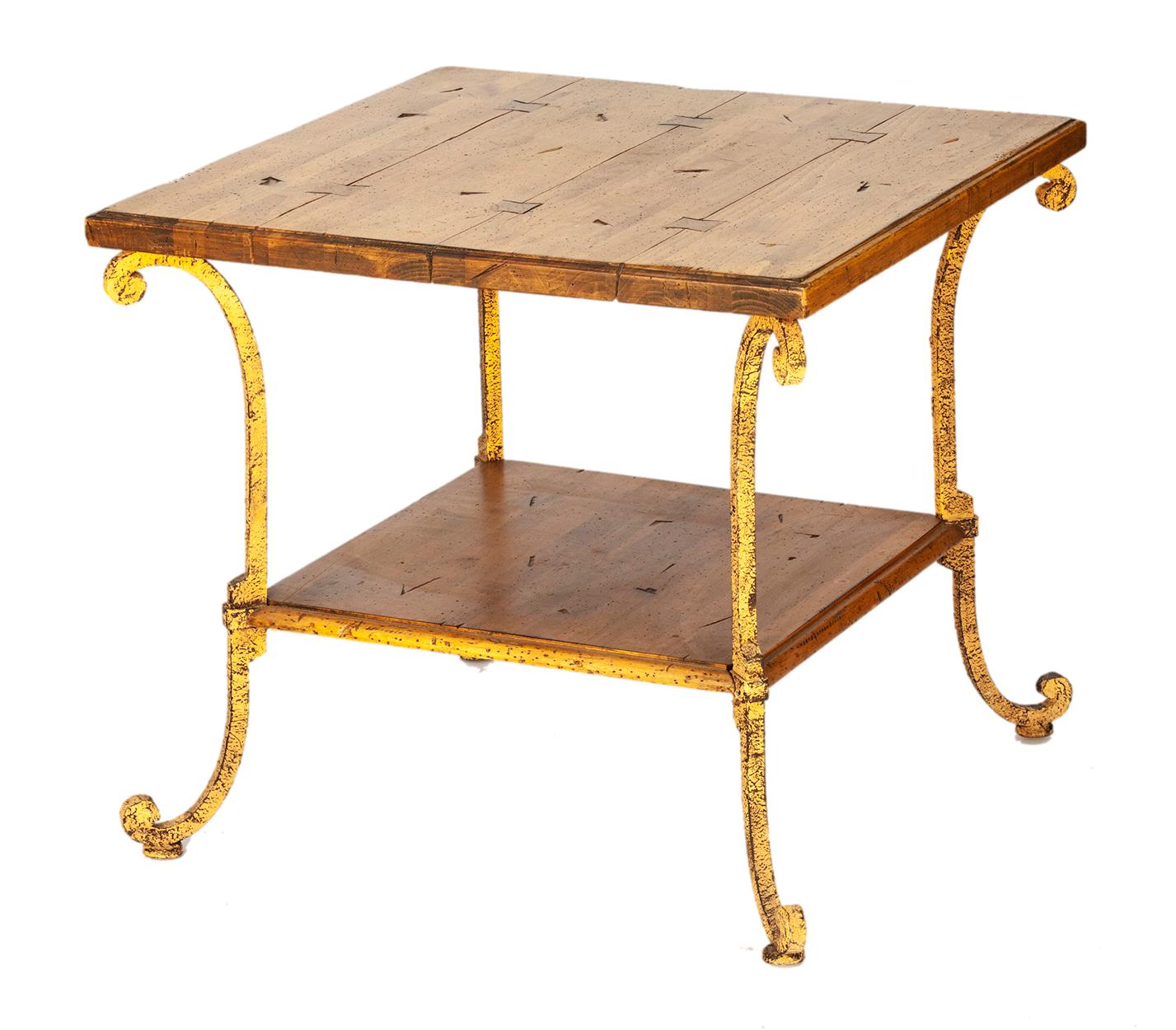 Handcrafted wood top table with handwrought iron frame with lower shelf.
Finished in a richly-toned medium brown.
Distressed finish on the wrought iron legs & frame.
Manufactured using time-honored techniques to create superbly-crafted, old-world