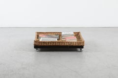 Mid-Century Square Woven Rattan Basket on Wenge Rolling Base