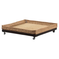 Mid-Century Square Woven Rattan Basket on Wenge Rolling Base