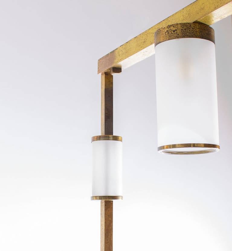 Italian Mid-Century Squared Chandelier in Brass and Blow Murano Glass, 1950s Italy For Sale