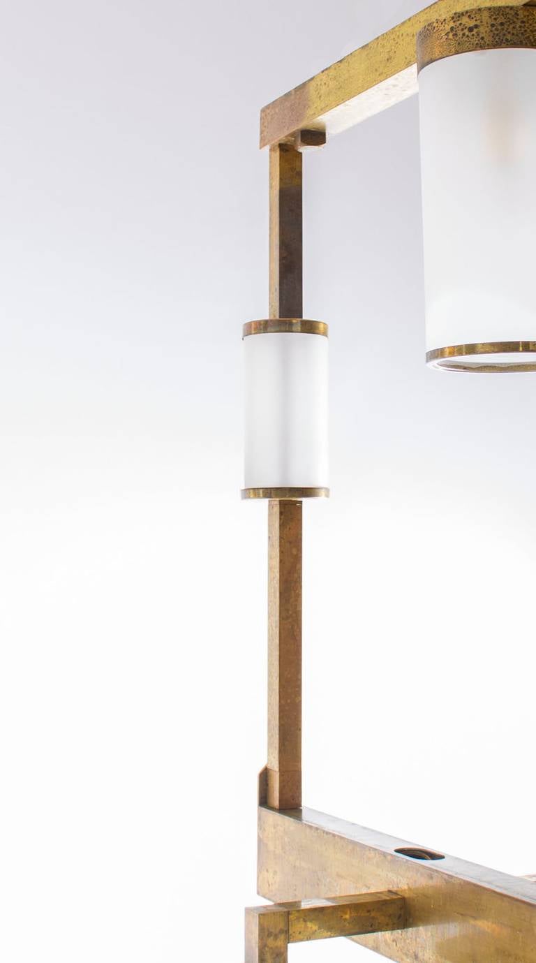 Hand-Crafted Mid-Century Brass Chandelier White Sandblasted Murano Glass cylinder Italy 1950s For Sale