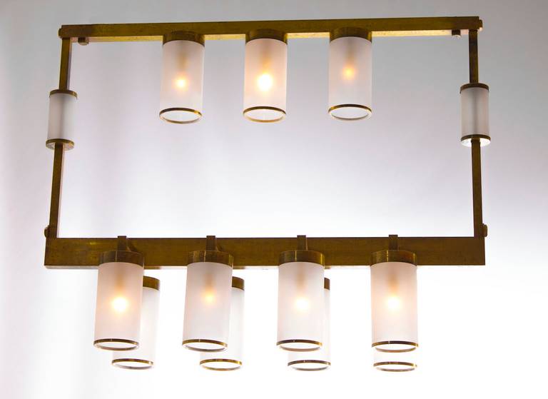Mid-Century Squared Chandelier in Brass and Blow Murano Glass, 1950s Italy For Sale 2