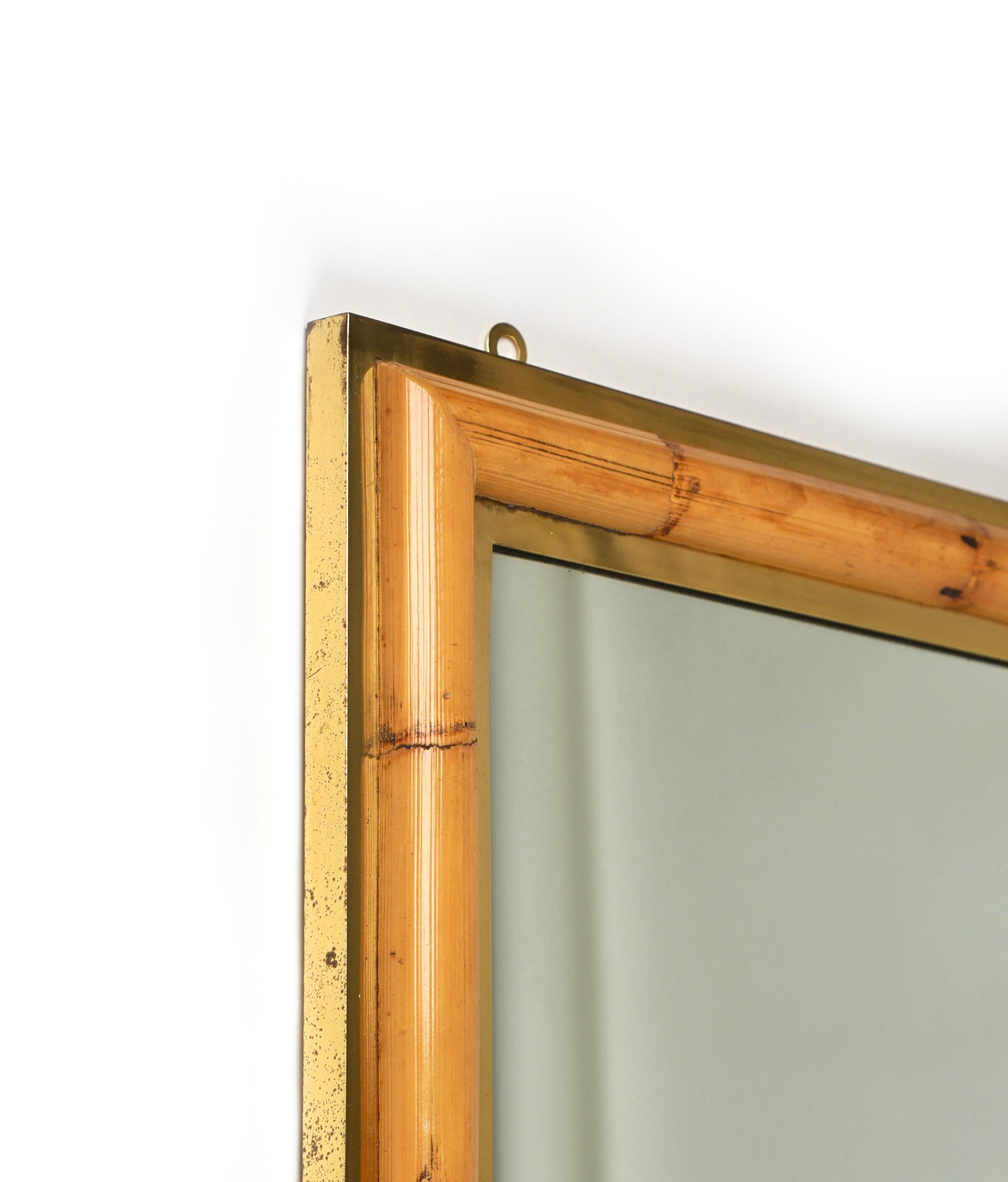 Midcentury Squared Wall Mirror in Brass and Bamboo, Italy, 1970s For Sale 3