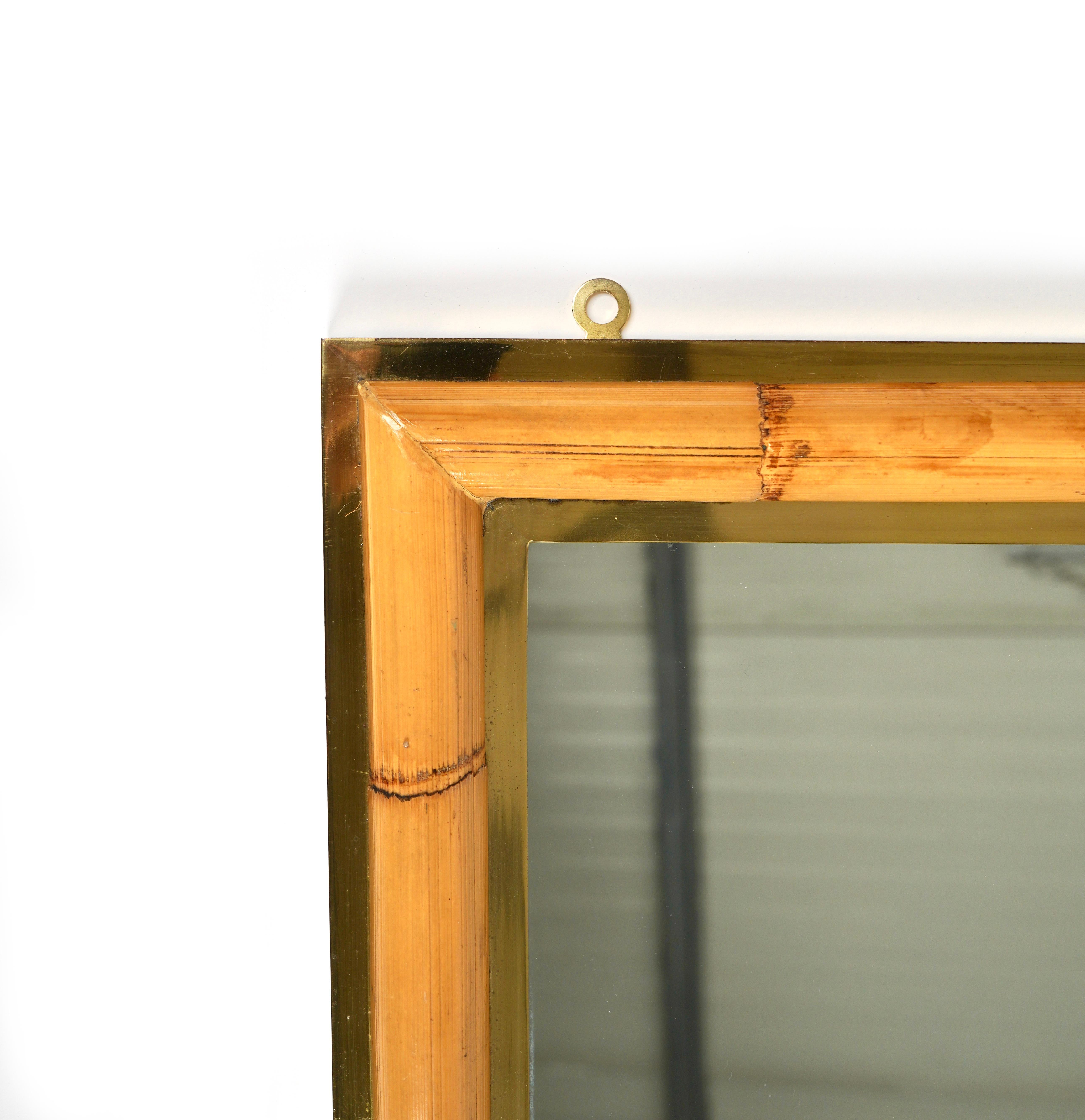 Midcentury Squared Wall Mirror in Brass and Bamboo, Italy, 1970s For Sale 4
