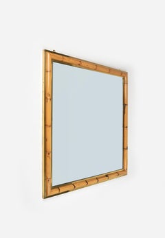 Midcentury Squared Wall Mirror in Brass and Bamboo, Italy, 1970s