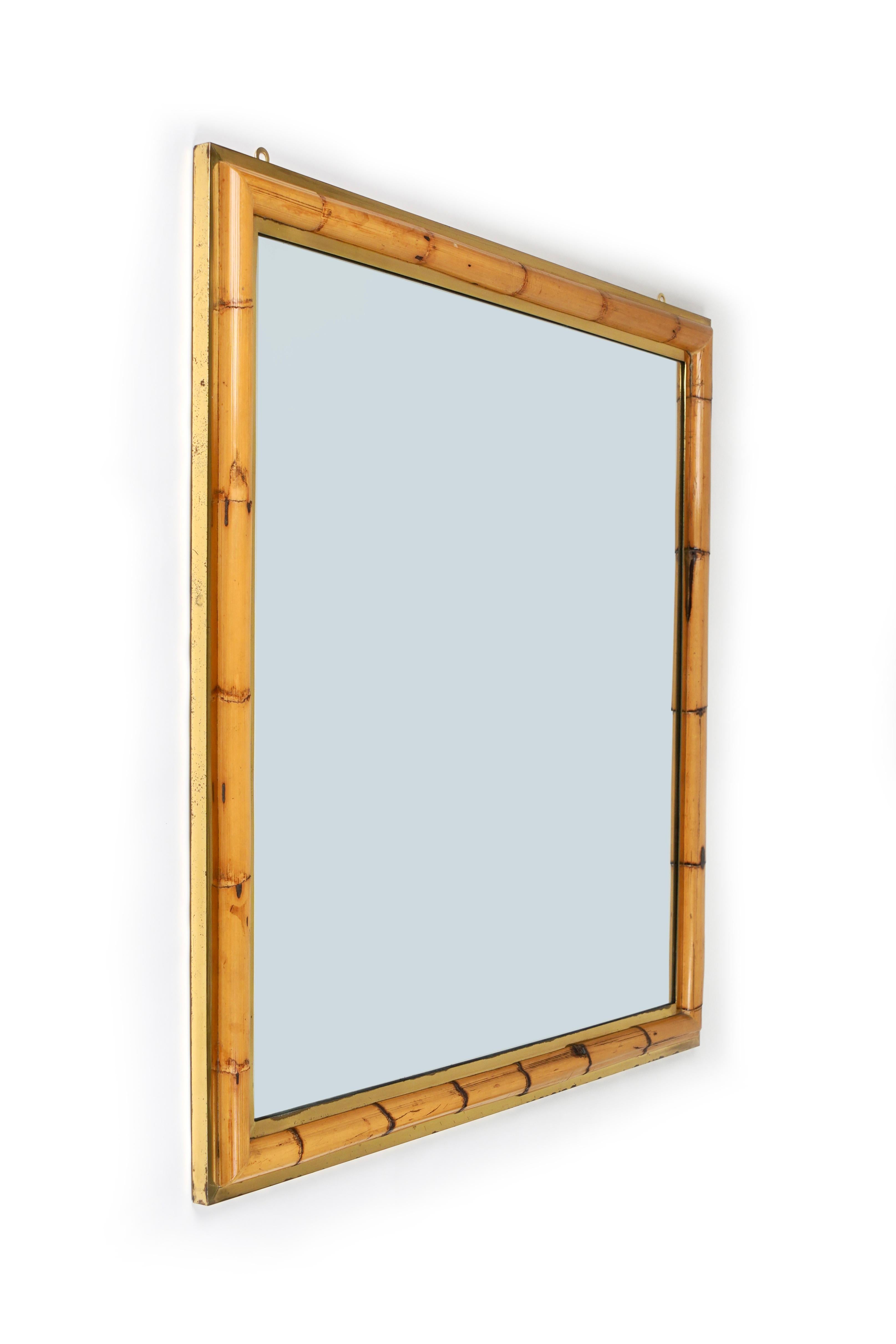 Mid-Century Modern Midcentury Squared Wall Mirror in Brass and Bamboo, Italy, 1970s For Sale