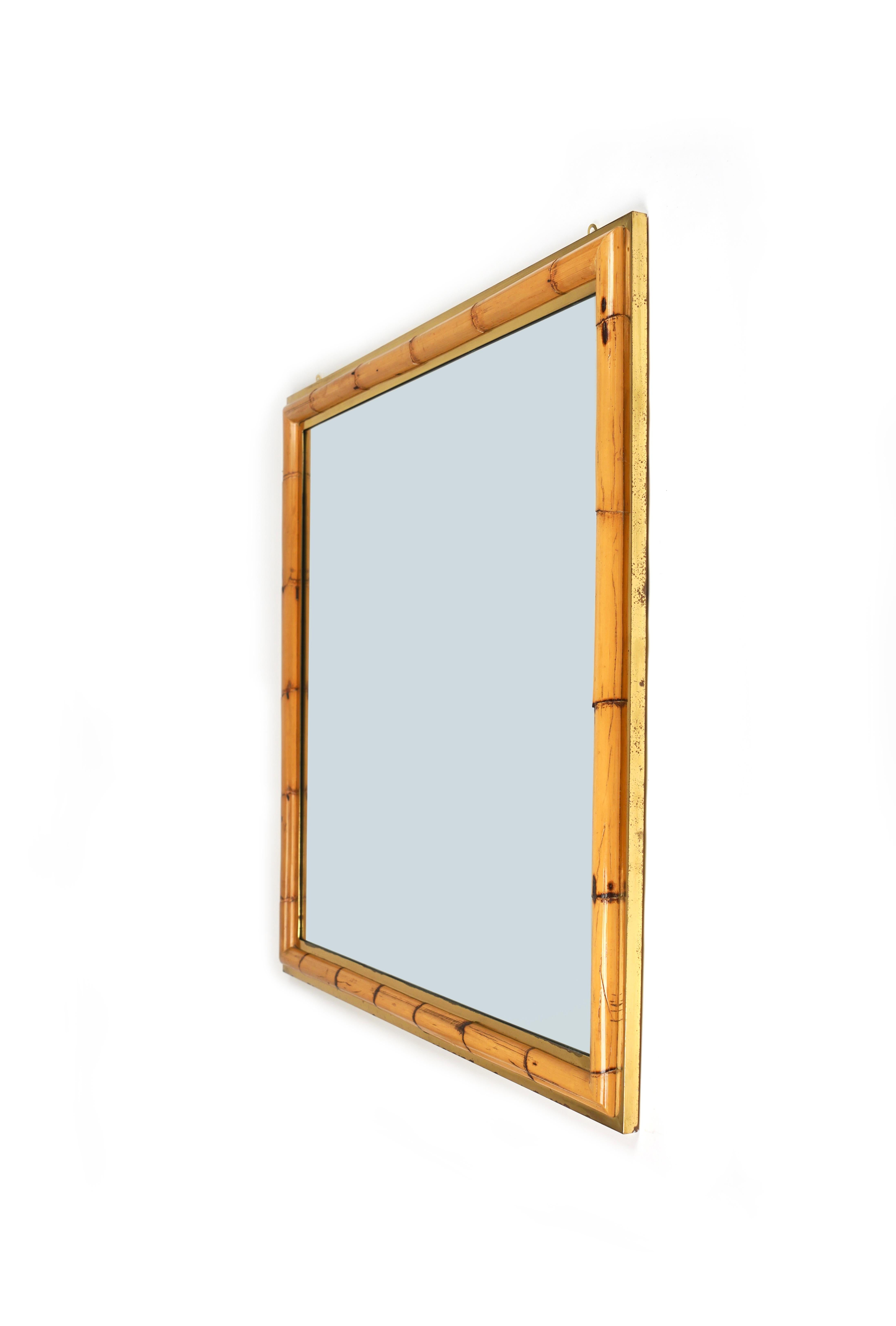 Midcentury Squared Wall Mirror in Brass and Bamboo, Italy, 1970s In Good Condition For Sale In Rome, IT