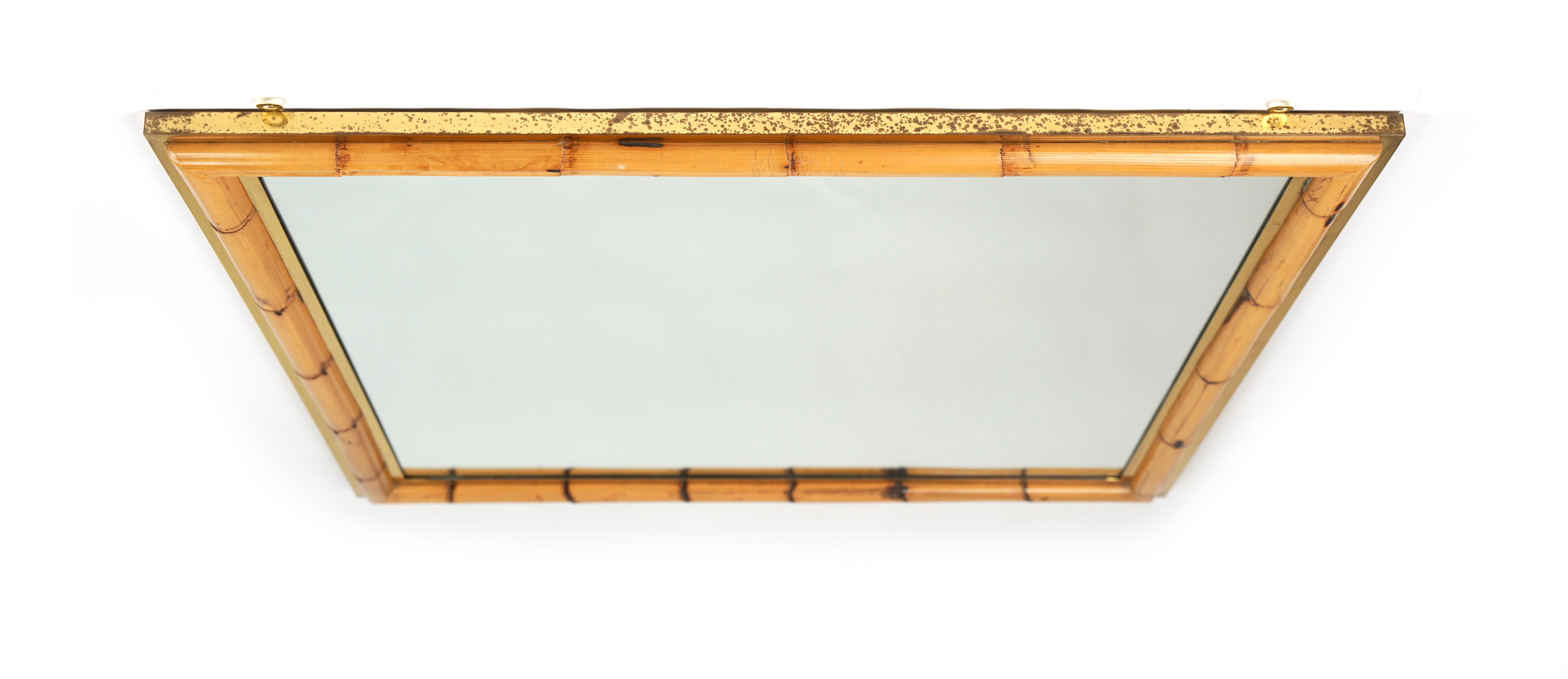 Metal Midcentury Squared Wall Mirror in Brass and Bamboo, Italy, 1970s For Sale
