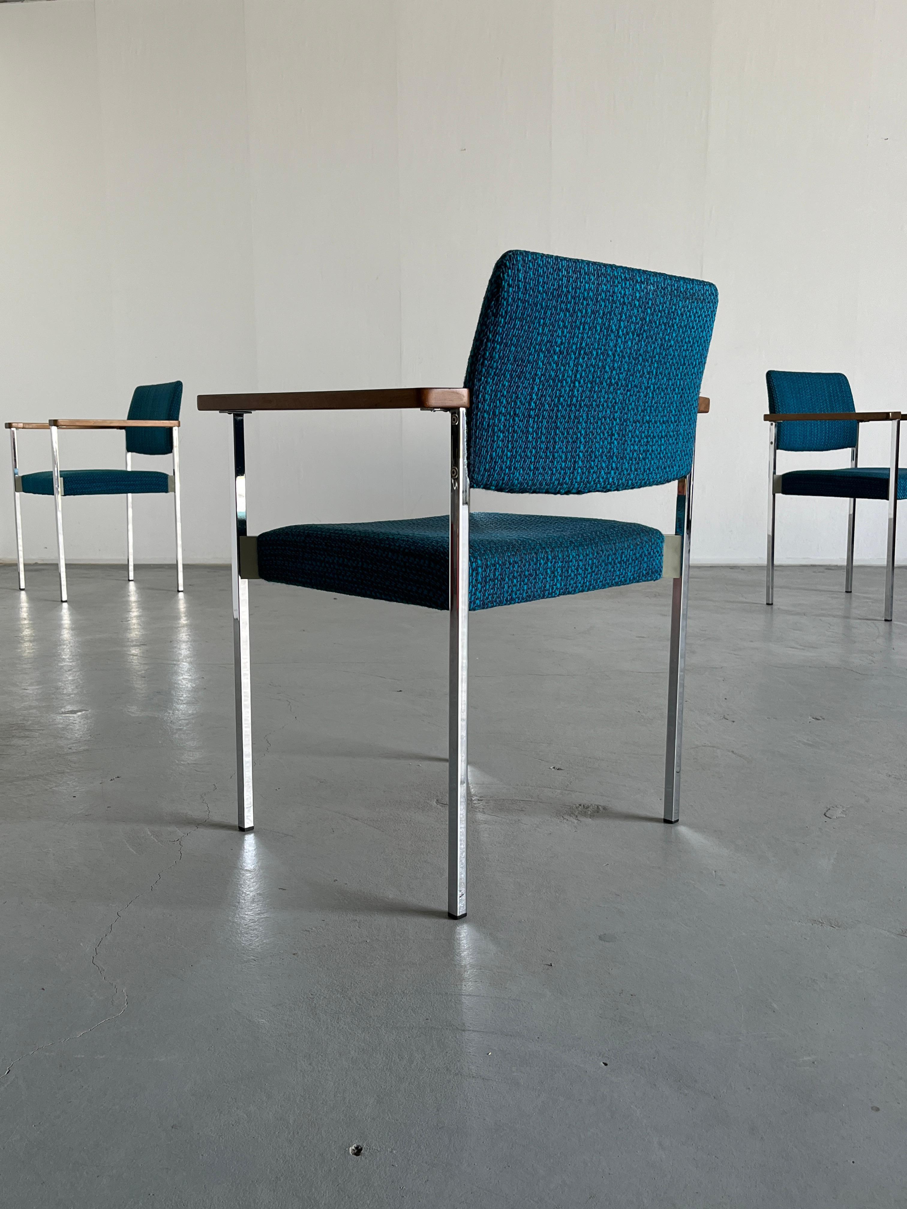 European Mid-Century Stackable Chrome Upholstered Side Armchairs or Dining Chairs, 1960s For Sale